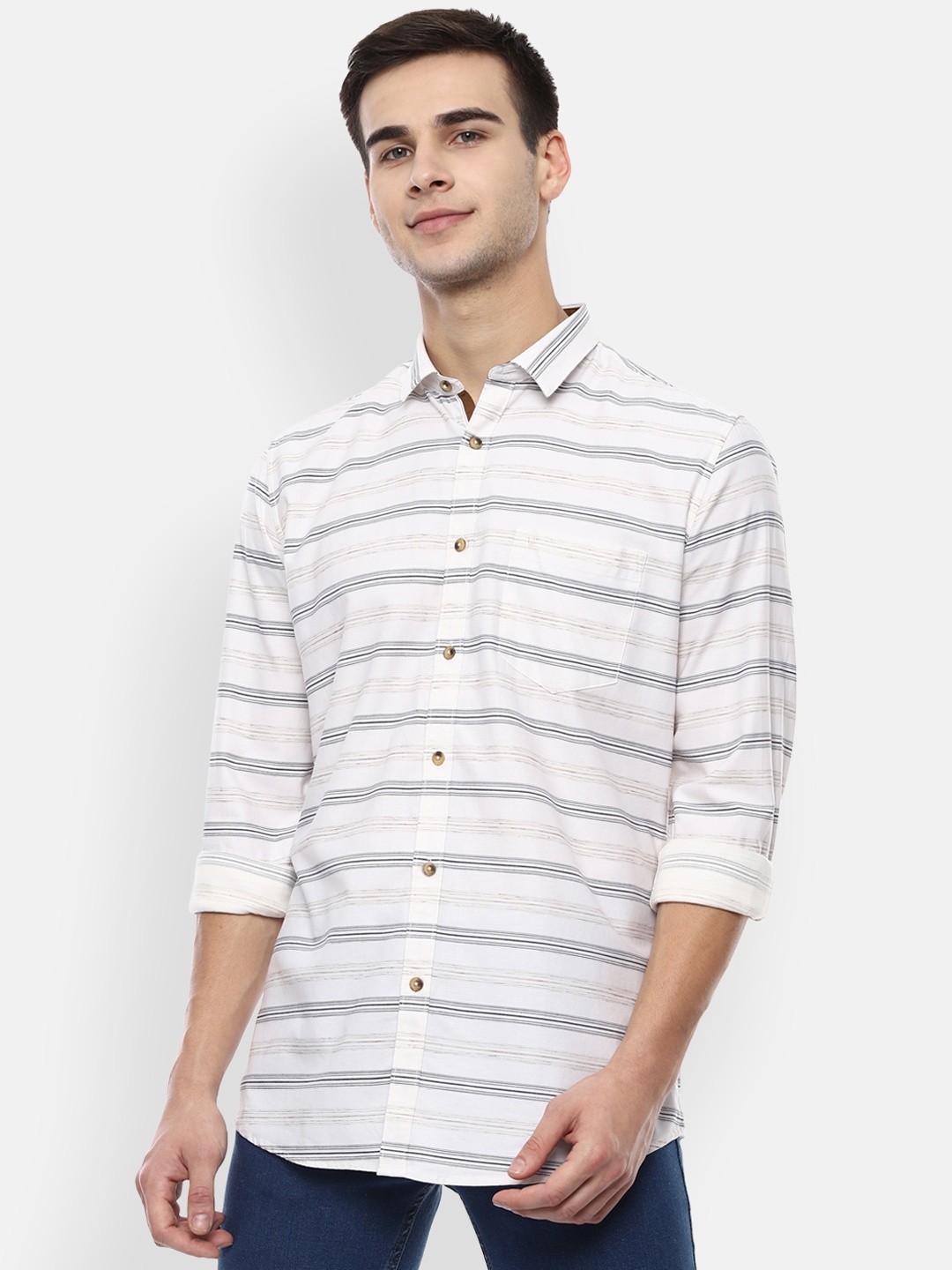 Van Heusen Sport Men White & Black Slim Fit Striped Casual Shirt