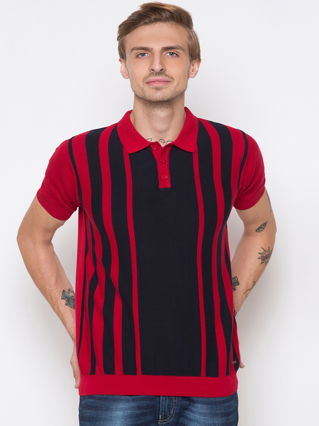 Globus Men Red & Black Striped Polo Collar T-shirt