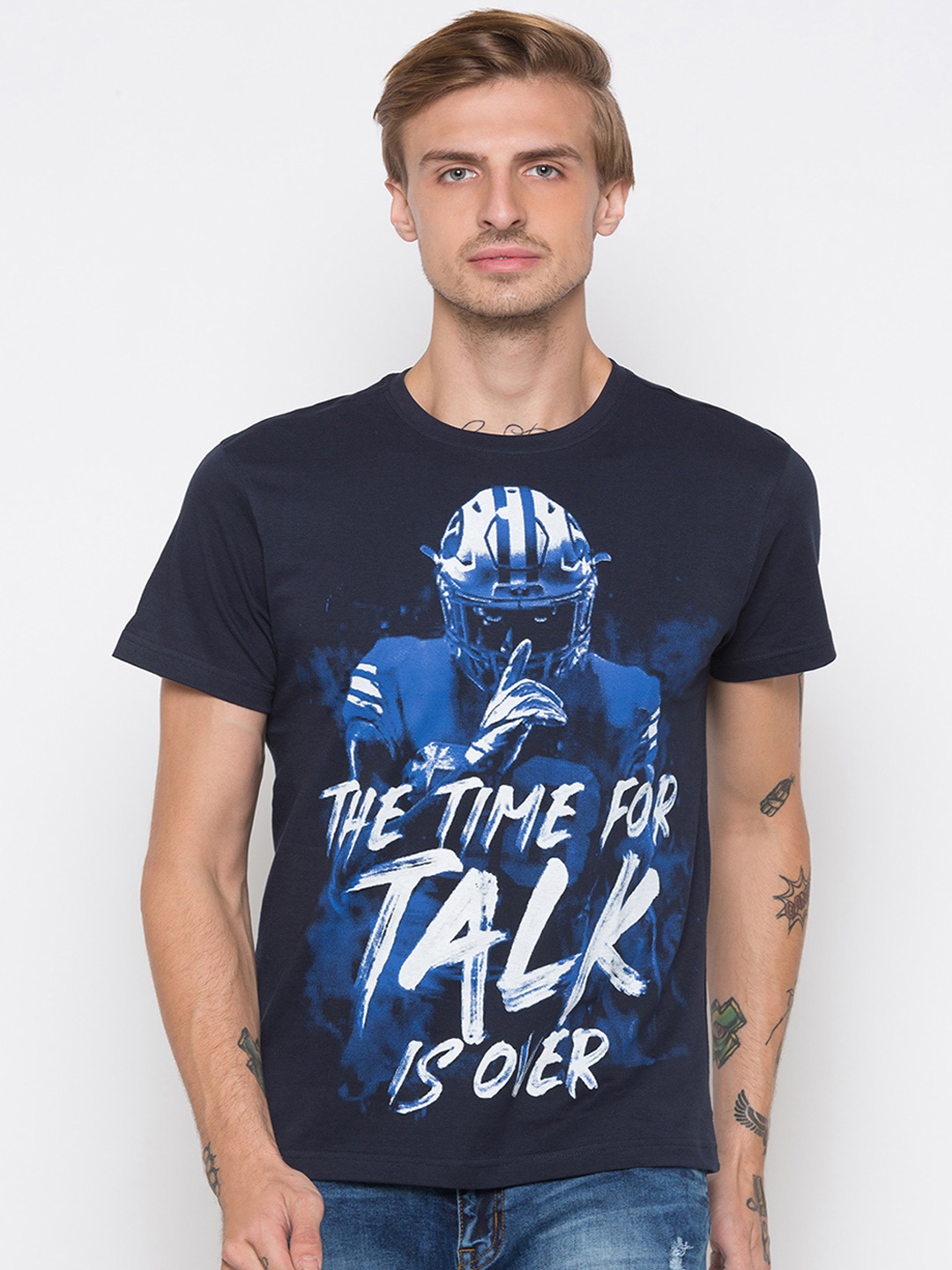 Globus Men Navy Blue Printed Round Neck T-shirt