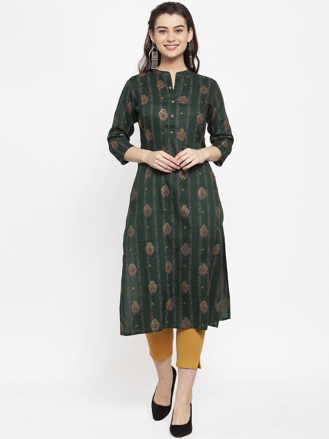 ANAISA Women Olive Green Printed Straight Kurta