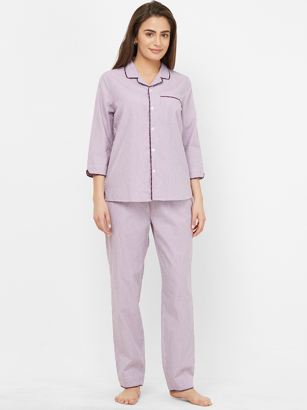 Mystere Paris Women Mauve & White Striped Night Suit J457D