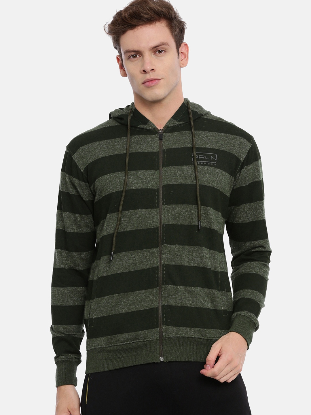 Proline Active Men Olive Green & Black Printed Hooded Sweatshirt