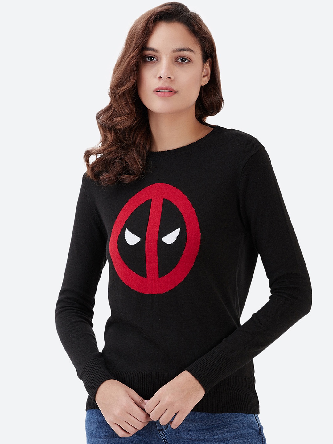 Free Authority Women Black Deadpool Printed Pure Cotton Top