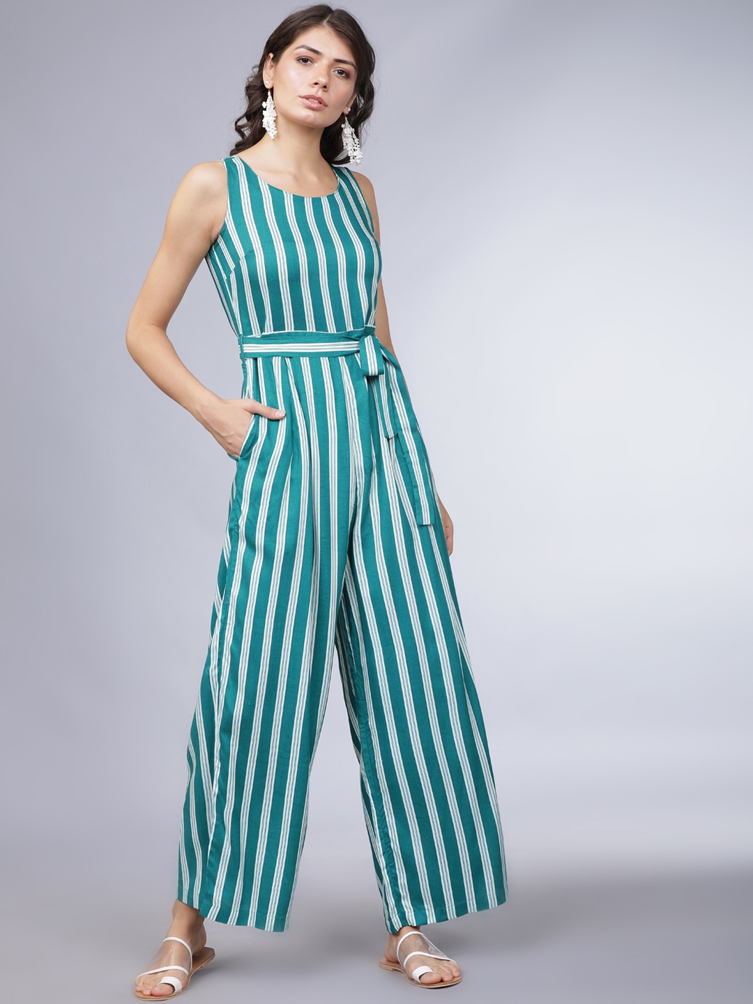 Tokyo Talkies Women Teal Blue & White Striped Basic Jumpsuit