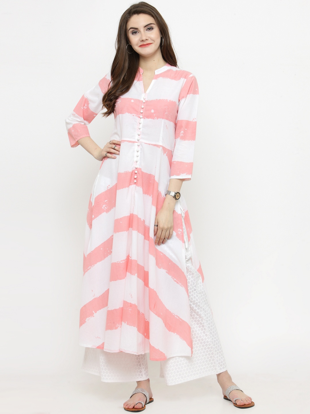 Varanga Women White & Pink Striped Straight Kurta