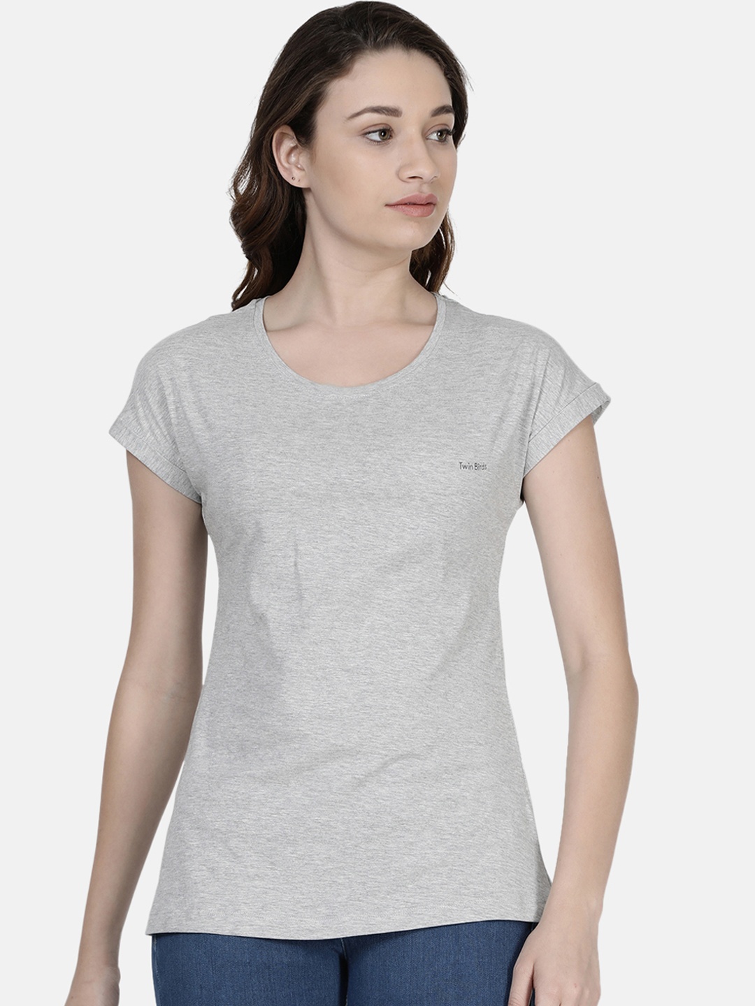 TWIN BIRDS Women Grey Solid Round Neck T-shirt