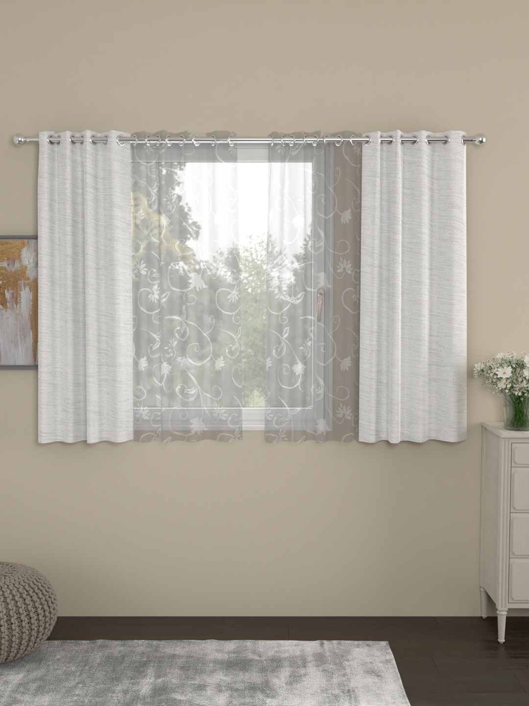 ROSARA HOME Set of 4 Off-White & Transparent Window Curtains