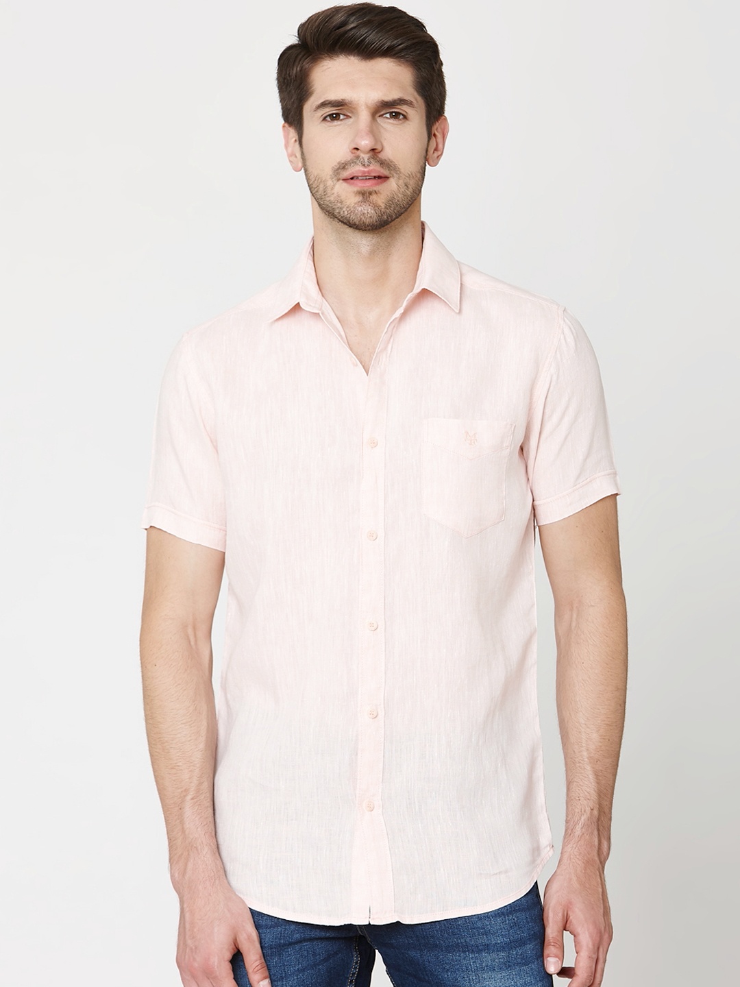 Mufti Men Peach Slim Fit Solid Casual Linen Shirt