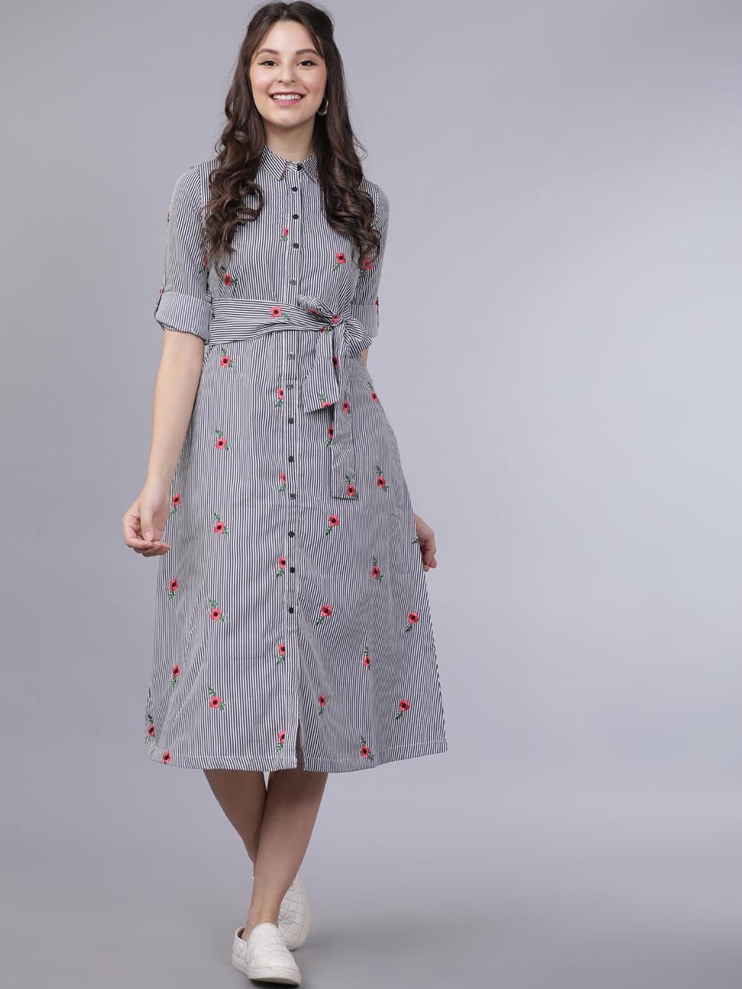 Tokyo Talkies Women Navy Blue & White Embroidered Striped Shirt Dress
