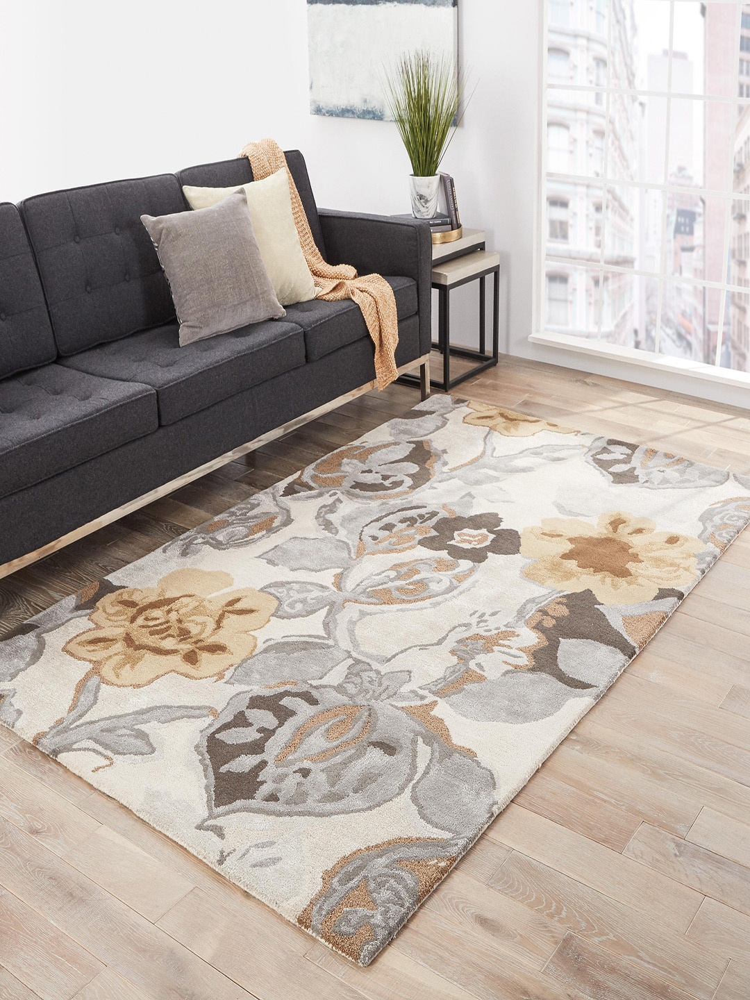 Jaipur Rugs Grey & Beige Floral Hand-Tufted Anti-Skid Carpet