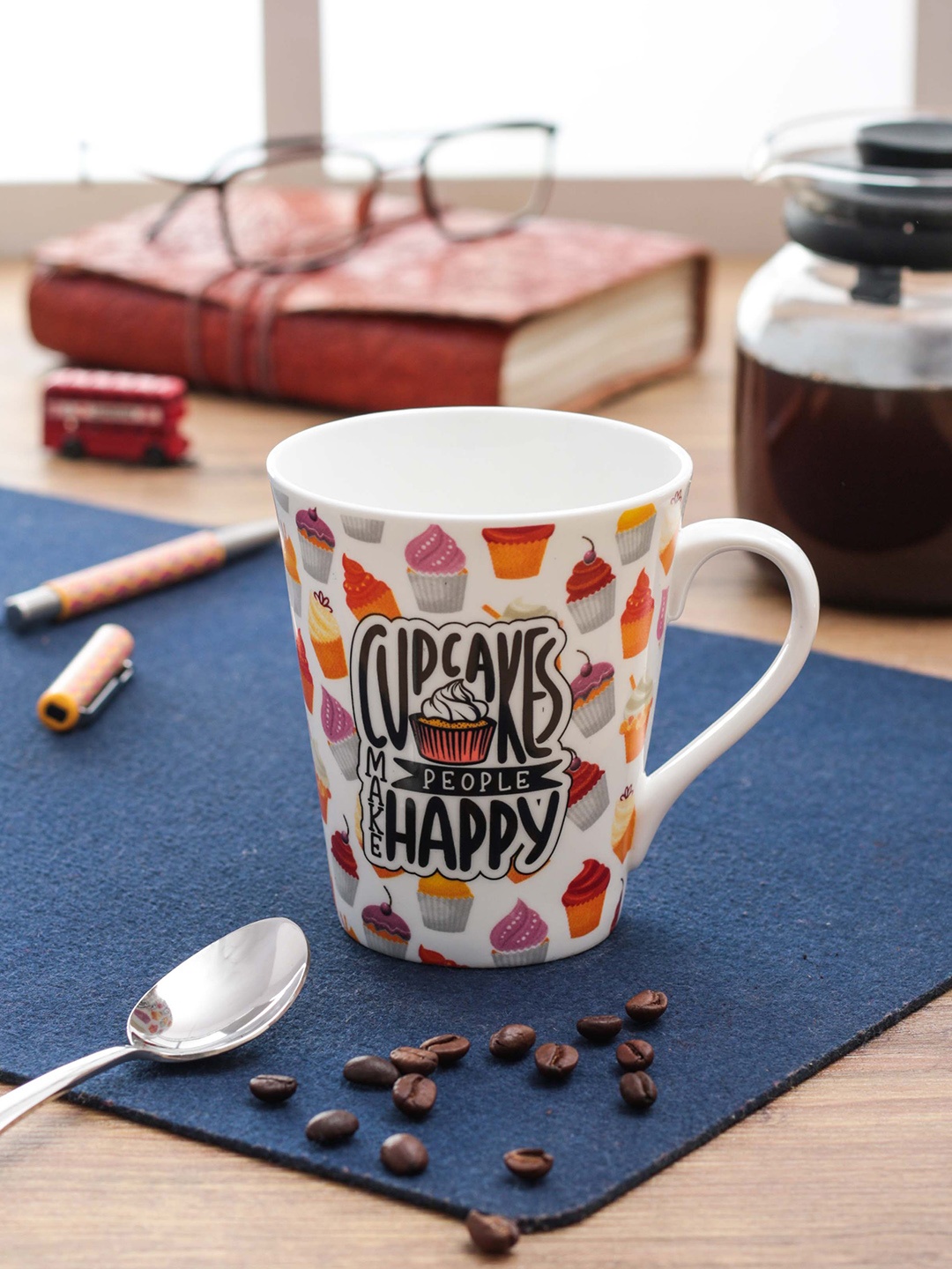 CLAY CRAFT ThinkFOOD Set Of 2 White & Orange Printed Graphic Quote Milk Mugs