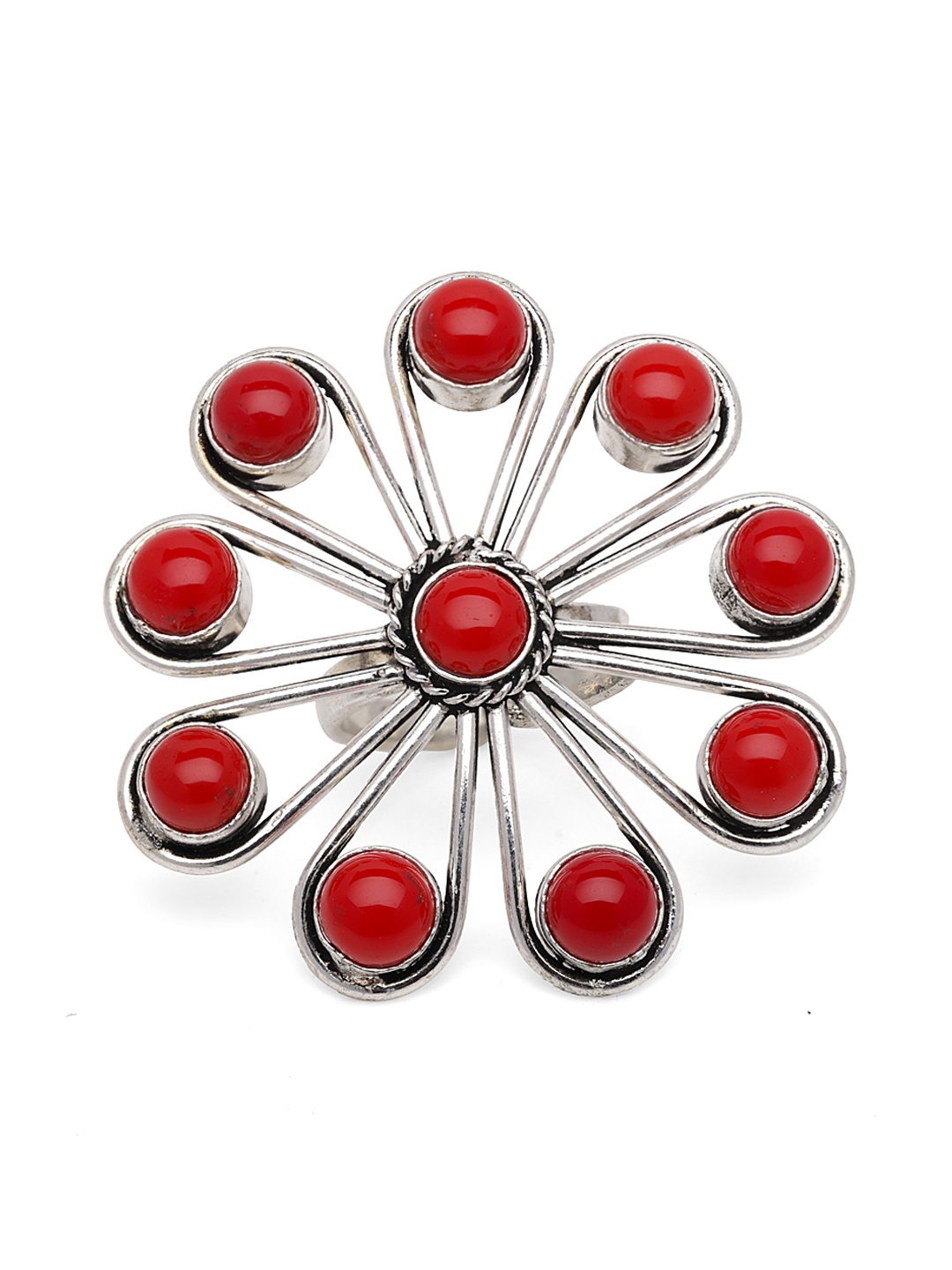 Fabstreet Silver-Plated Red Stone-Studded Floral-Shaped Handcrafted Cocktail Ring