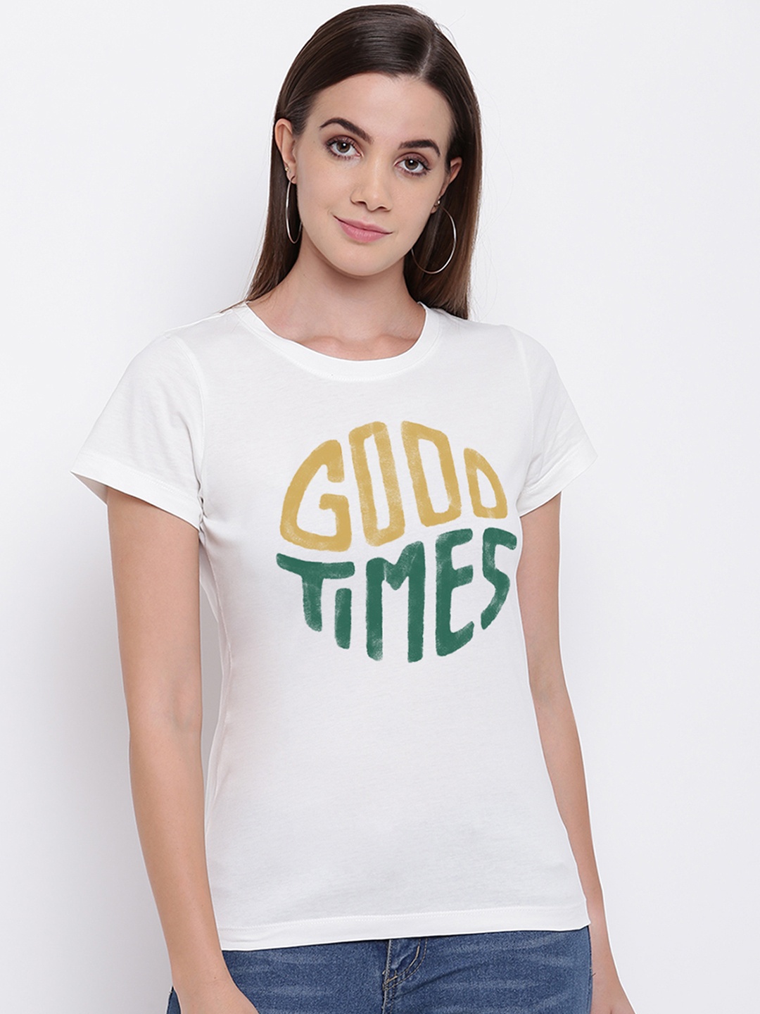 THREADCURRY Women White Printed Round Neck T-shirt