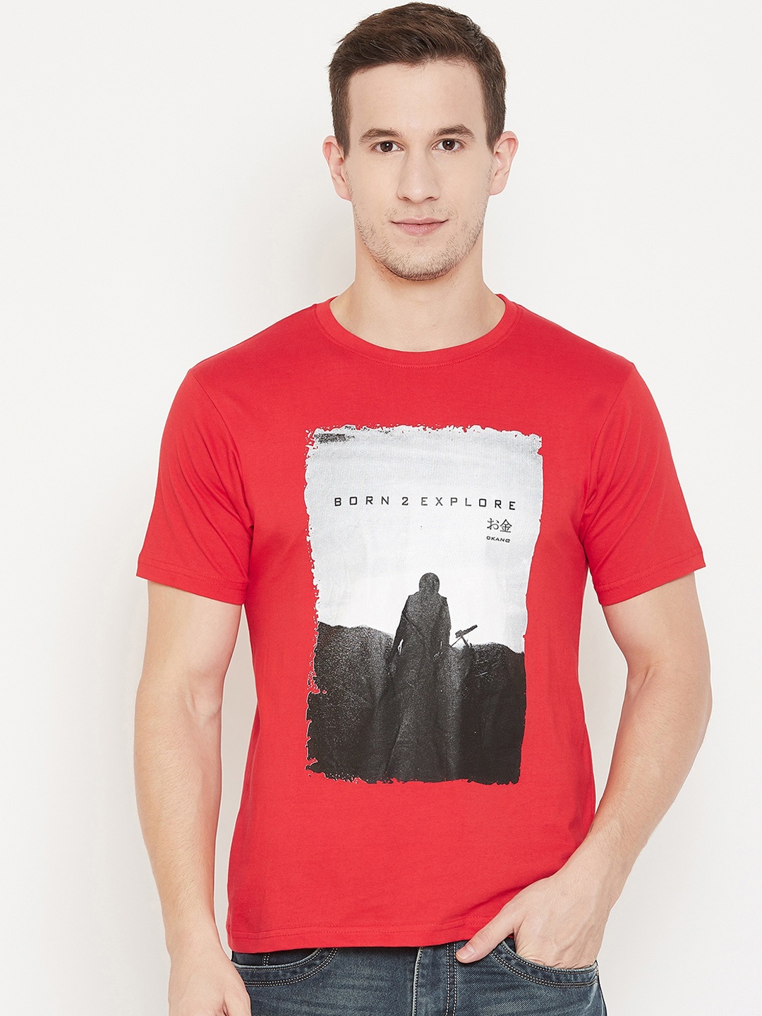 Okane Men Red Printed Round Neck T-shirt