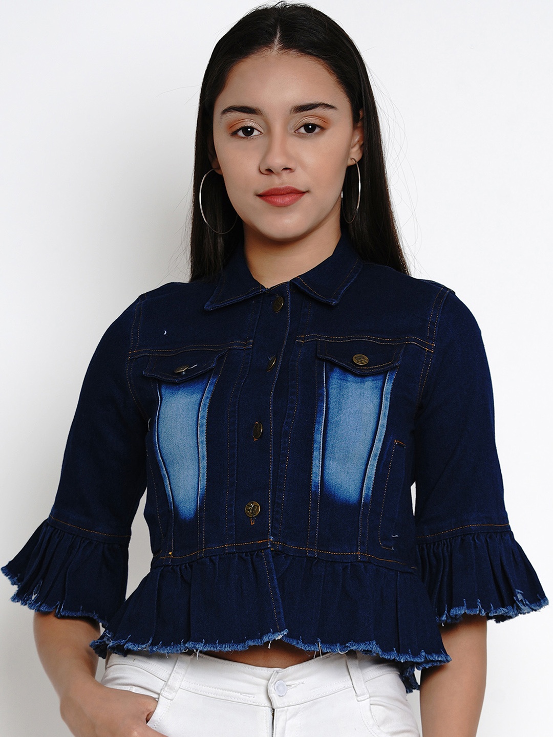 Bhama Couture Women Blue Solid Lightweight Crop Denim Jacket