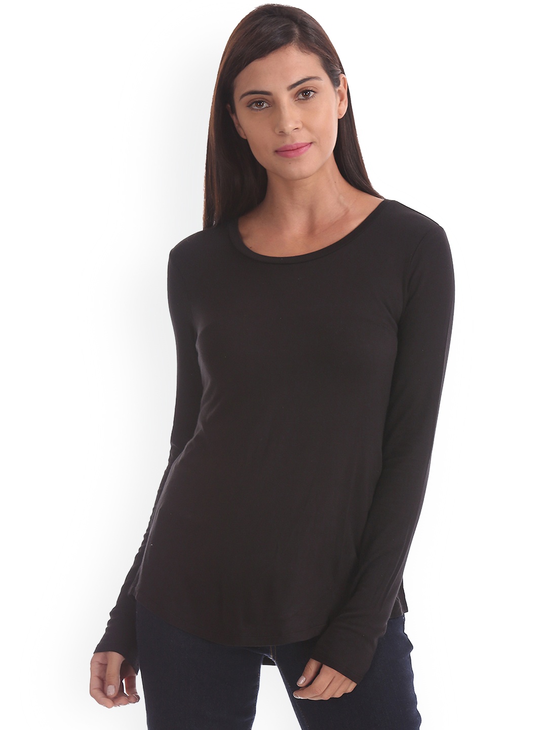 Aeropostale Women Black Solid Round Neck T-shirt