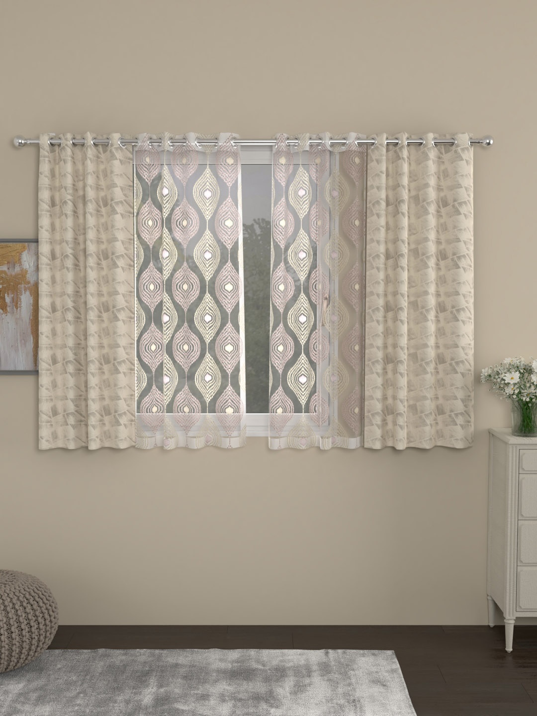 ROSARA HOME Beige & Rose Gold Set of 4 Window Curtains