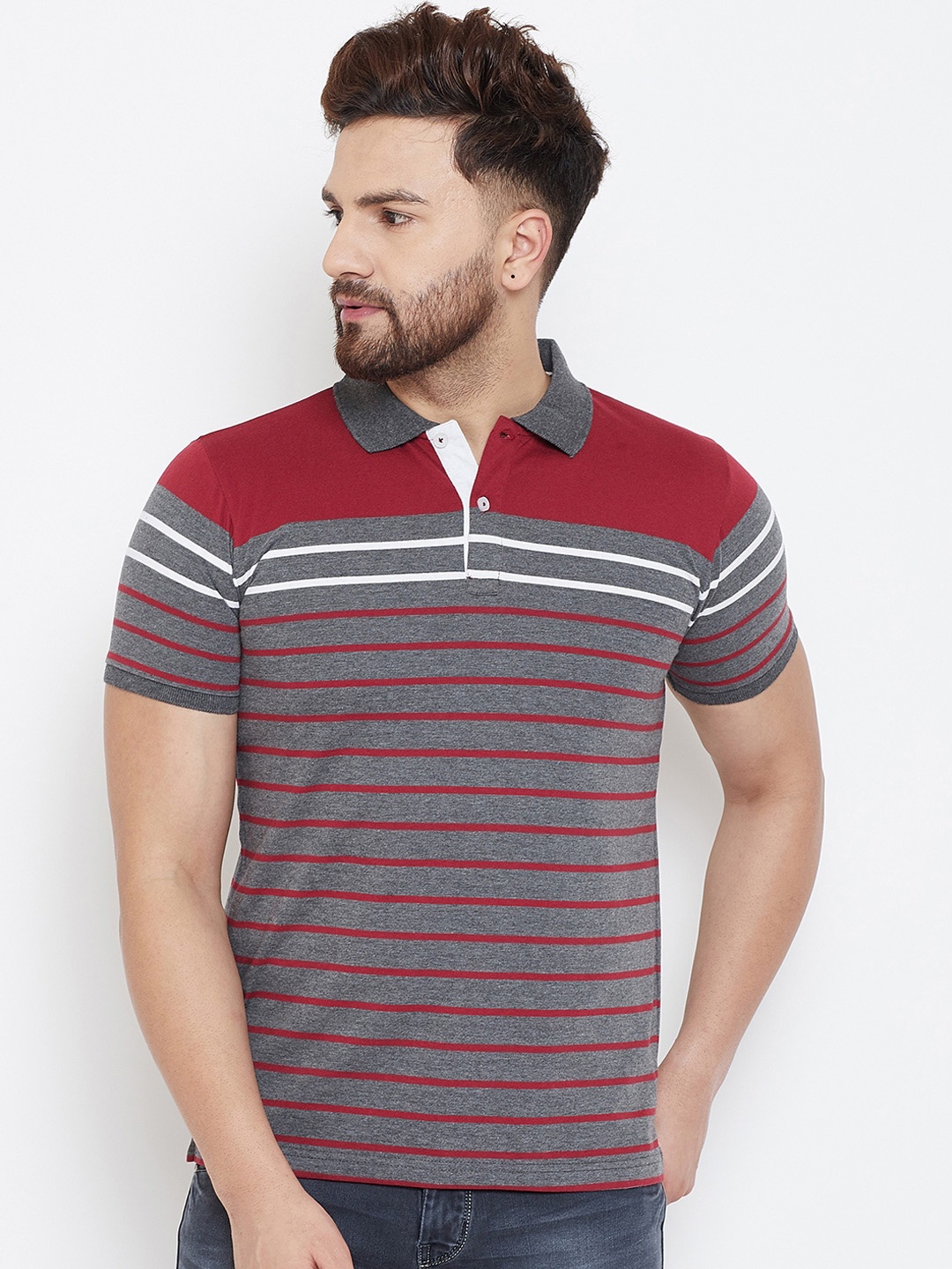 Austin wood Men Charcoal Grey & Maroon Striped Polo Collar T-shirt