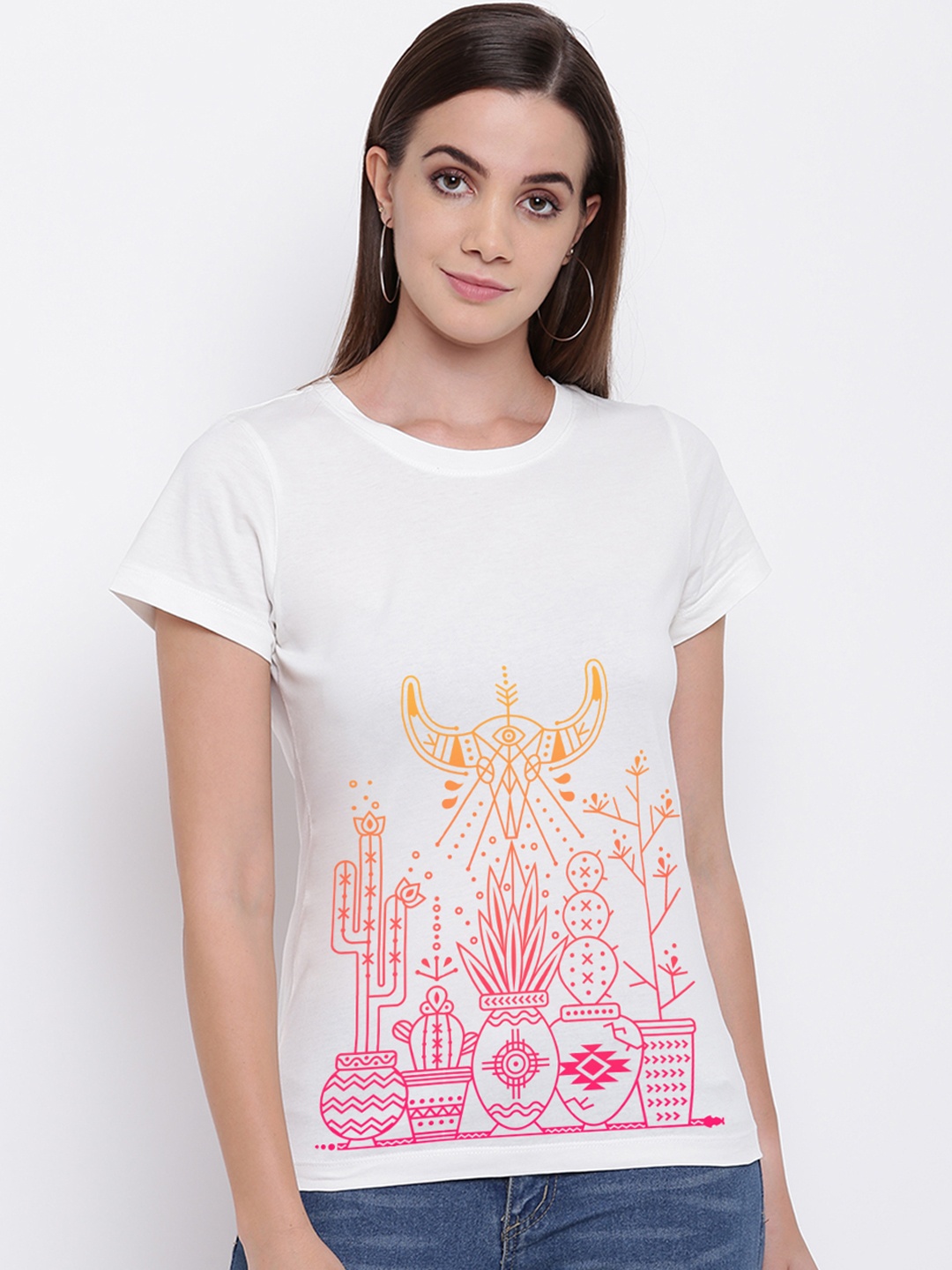 THREADCURRY Women White Psychedelic Printed Round Neck T-shirt