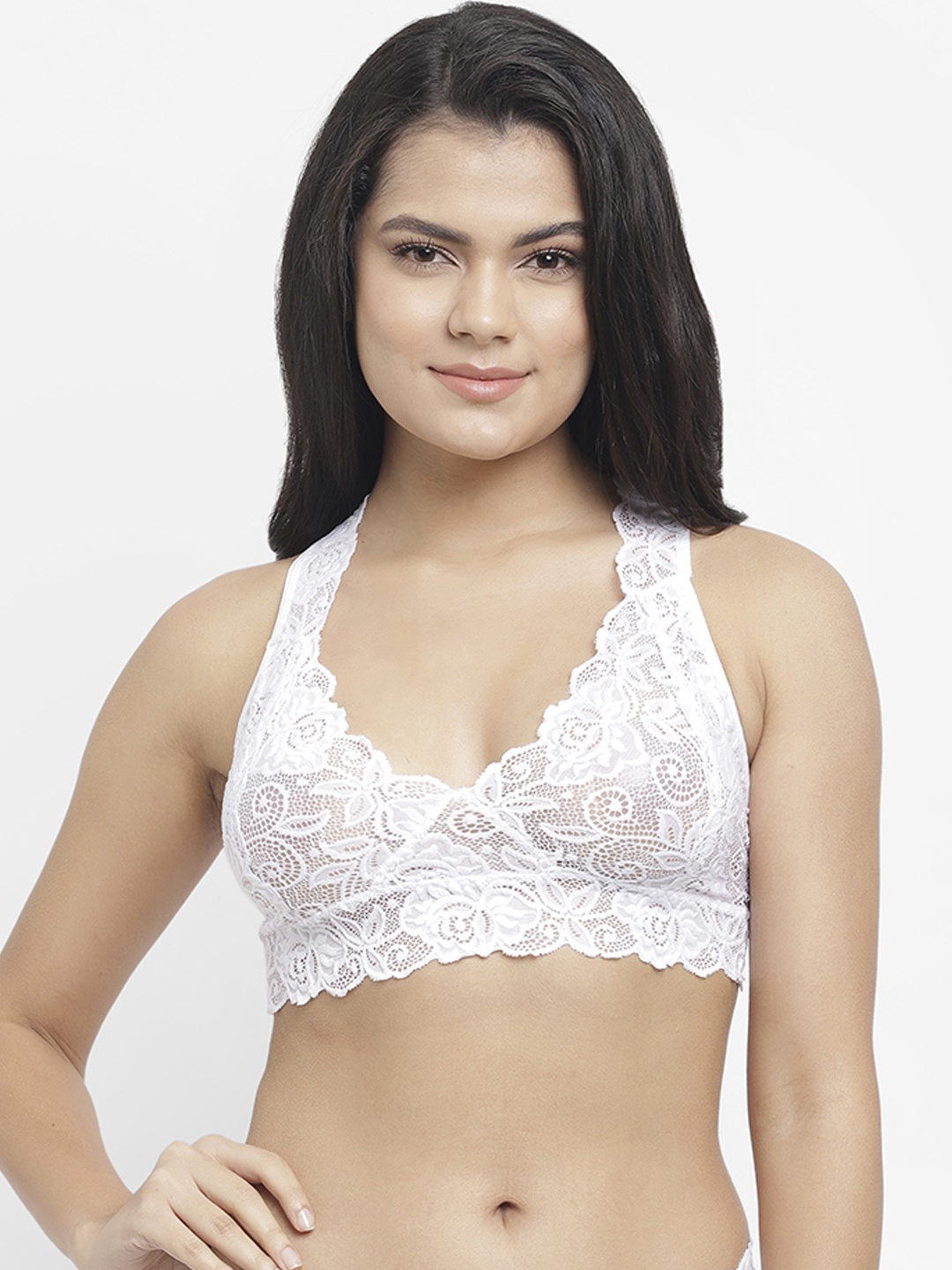 N-Gal Women White Self-Design Floral Lace Lingerie Set NRLS14-White