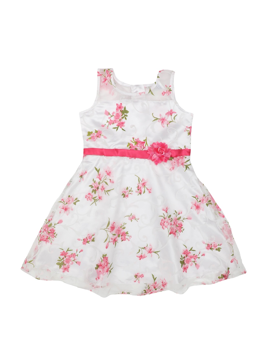 Doodle Girls White & Pink Printed Fit and Flare Dress