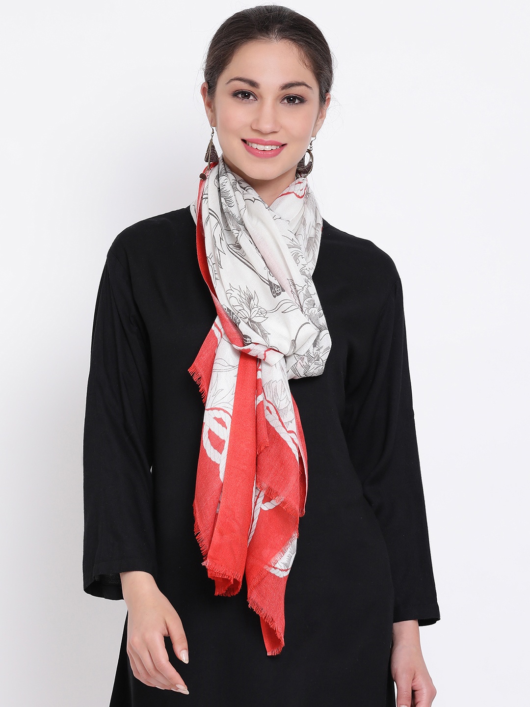 SHINGORA Women White & Red Floral Printed Stole