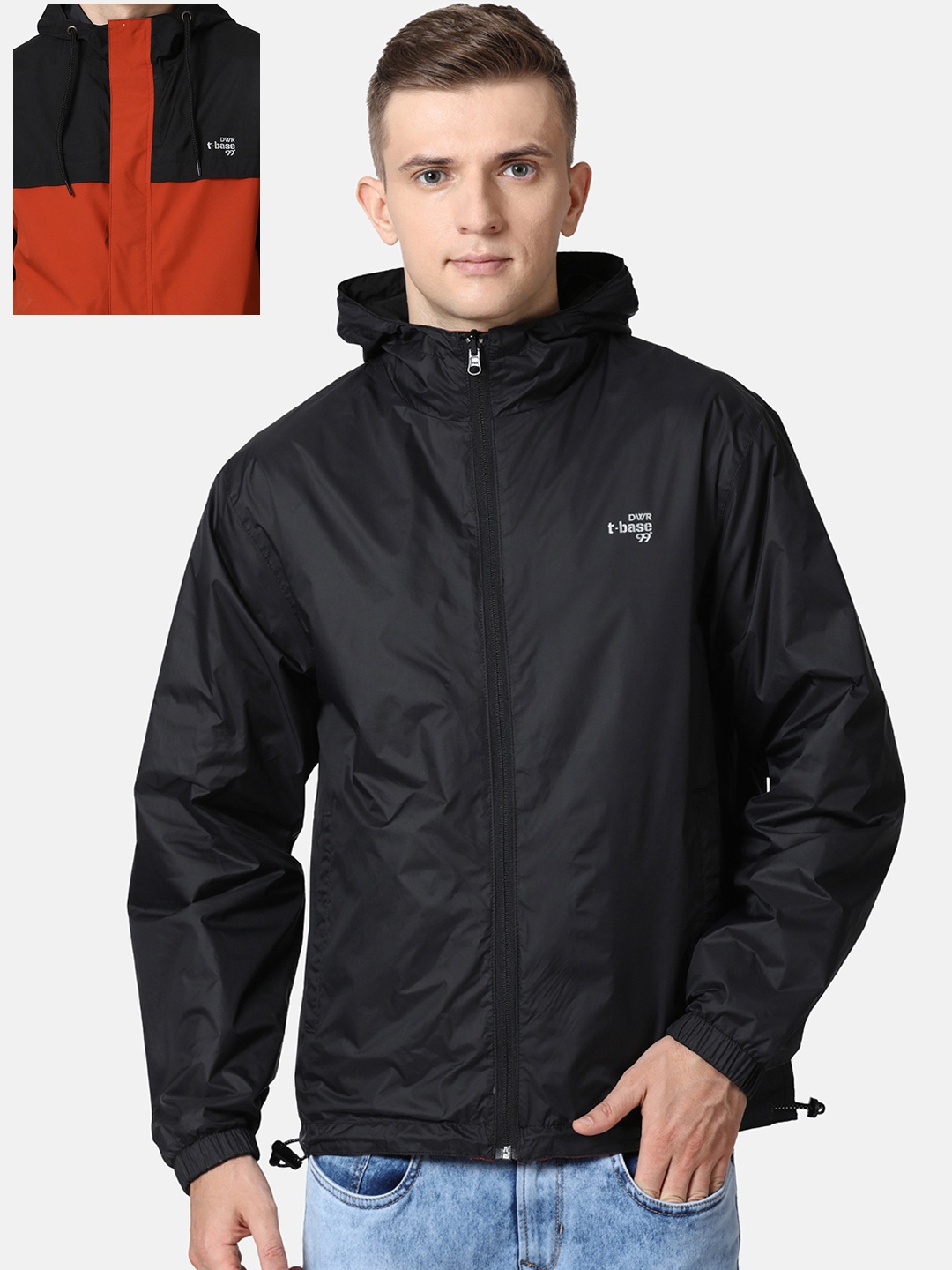 t-base Men Black & Rust-Coloured Reversible Seam Sealed Rain Jacket