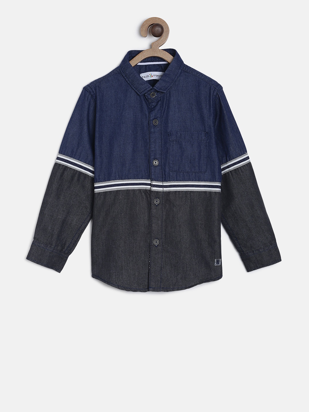 TALES & STORIES Boys Navy Blue & Grey Regular Fit Colourblocked Casual Shirt