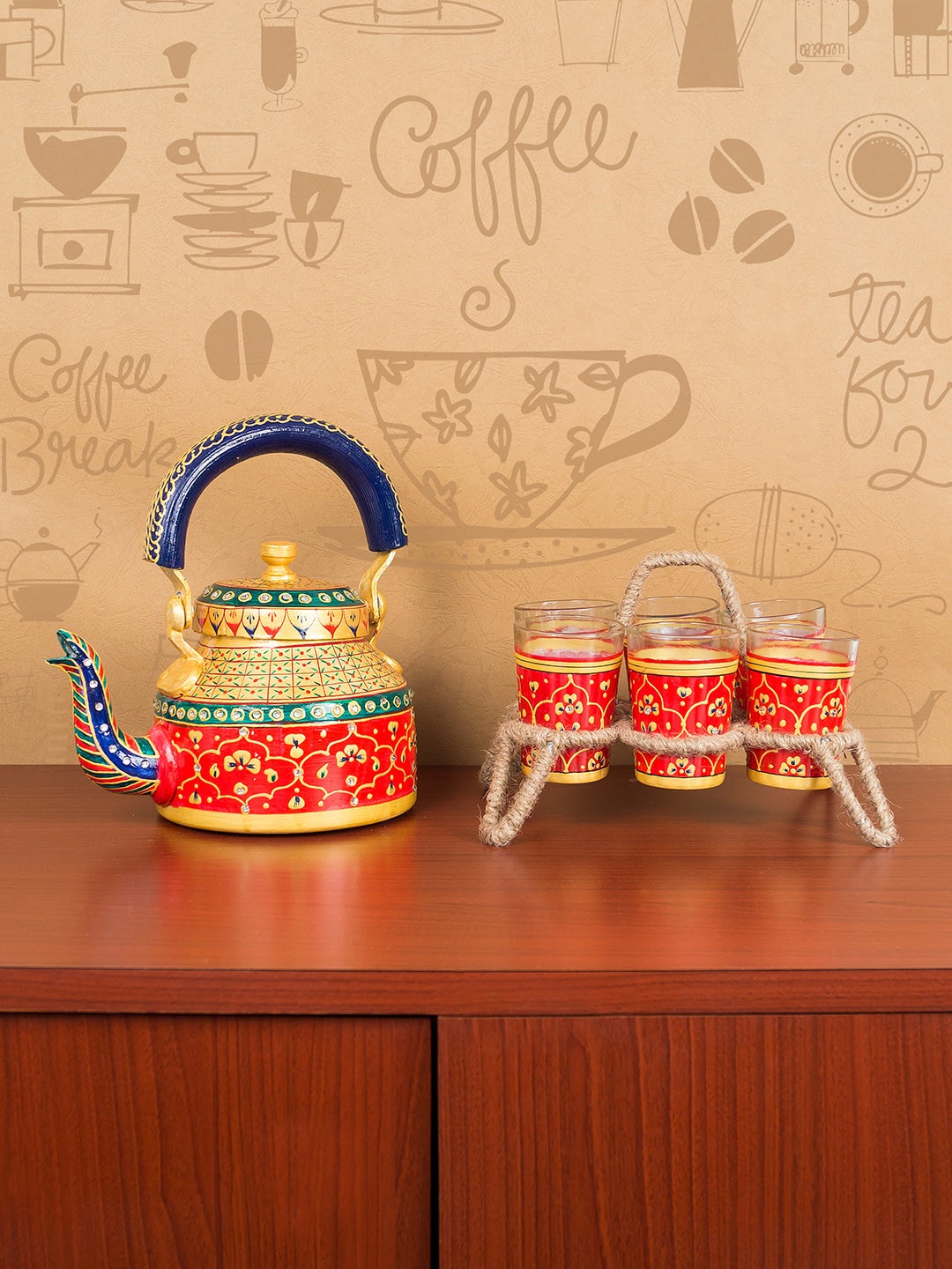 Golden Peacock Red & Yellow Metal Handcrafted Tea Pot Set Showpiece