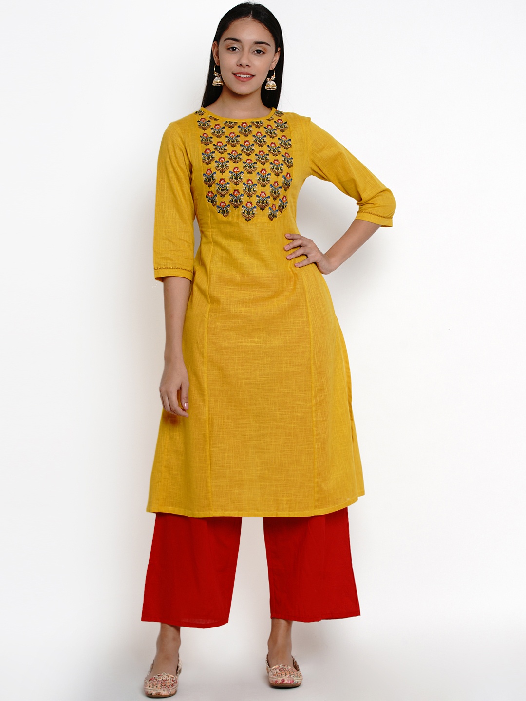Bhama Couture Women Mustard & Red Yoke Design Kurti with Palazzos