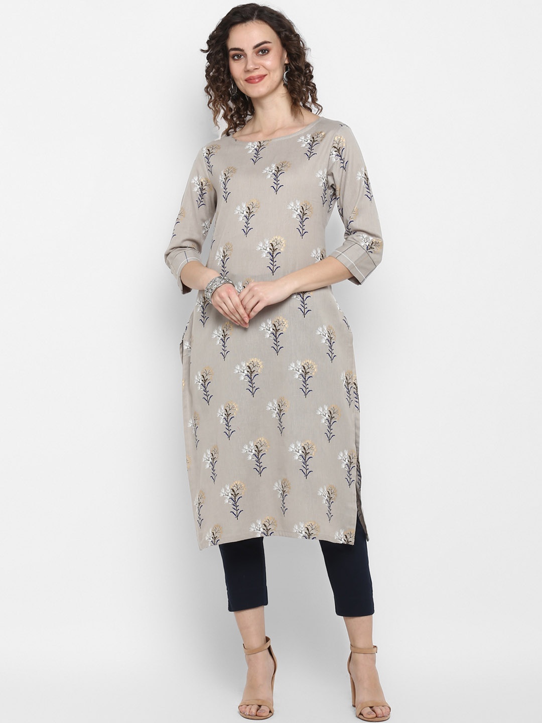 Janasya Women Grey & Black Printed Straight Kurta