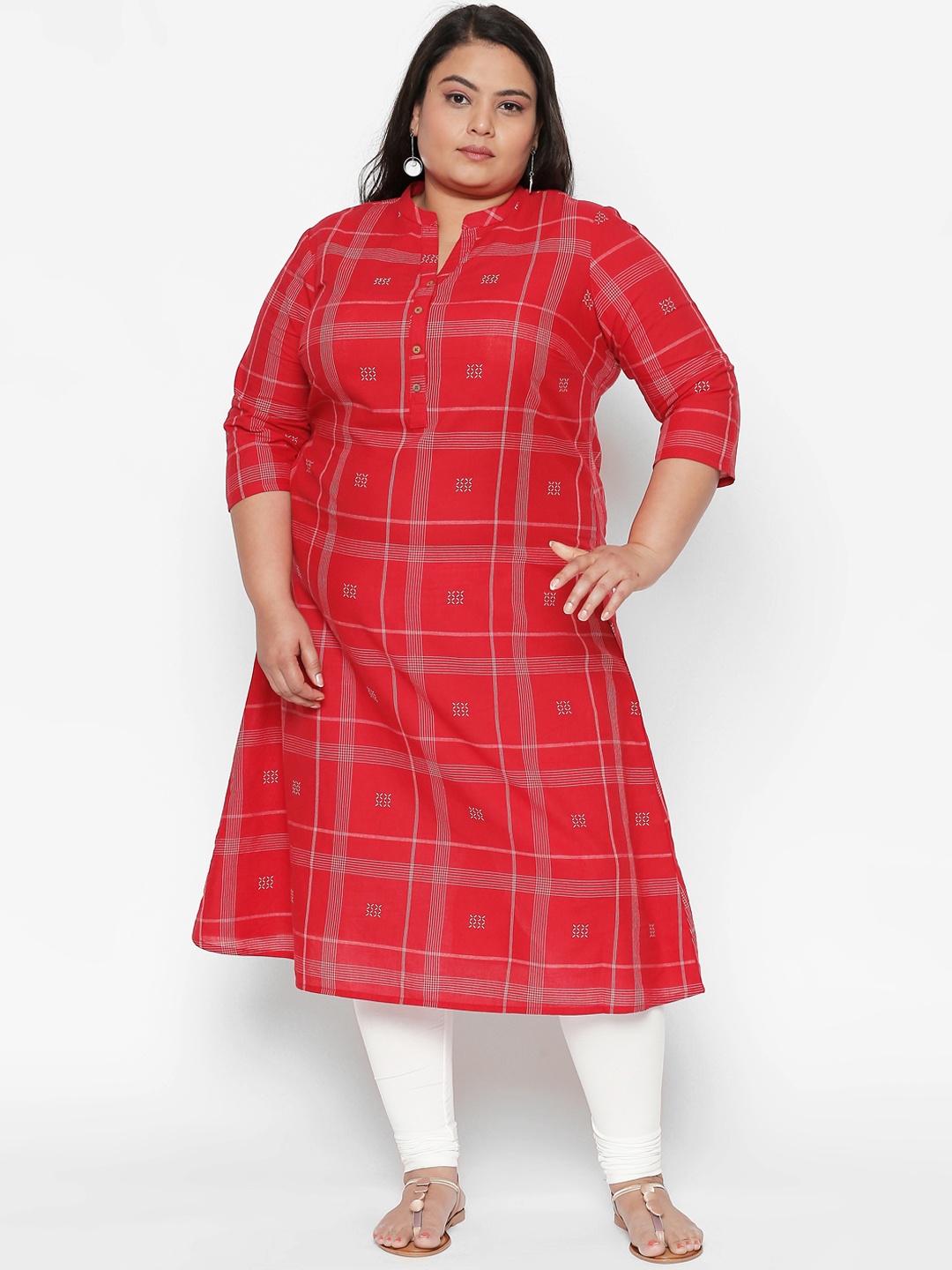 RANGMANCH PLUS by Pantaloons Women Red & Grey Checked A-Line Kurta