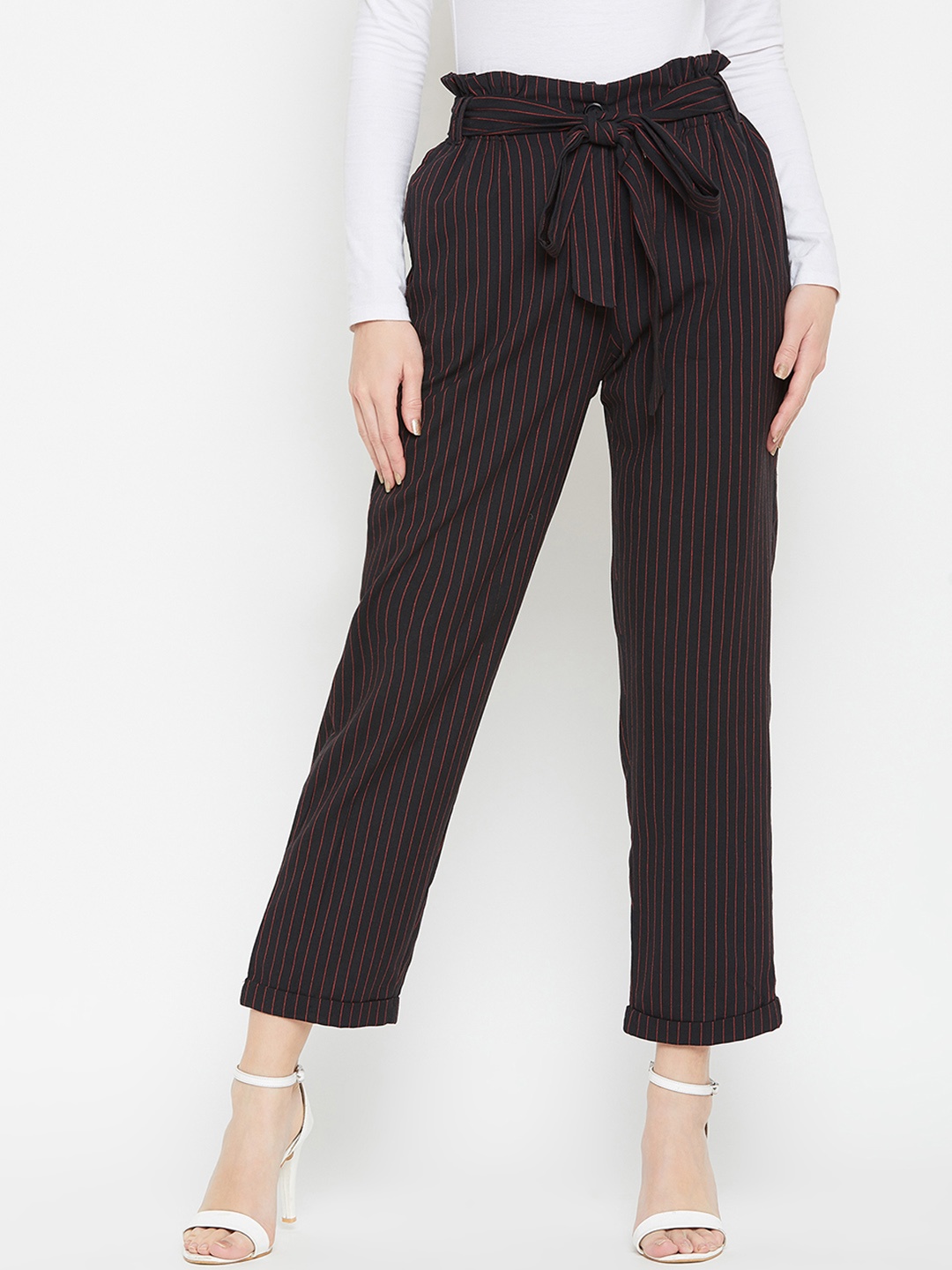 Marie Claire Women Black & Red Regular Fit Striped Peg Trousers