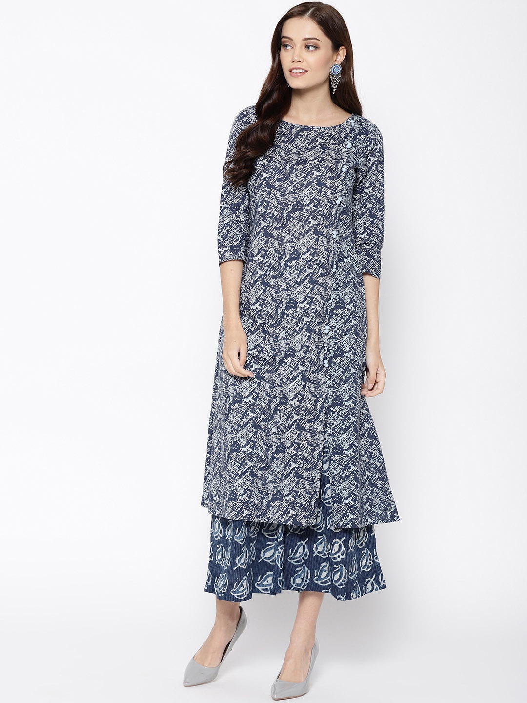 Indo Era Women Blue & White Printed A-Line Kurta