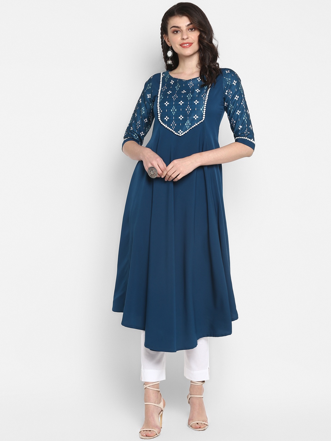 Janasya Women Teal Yoke Design A-Line Kurta