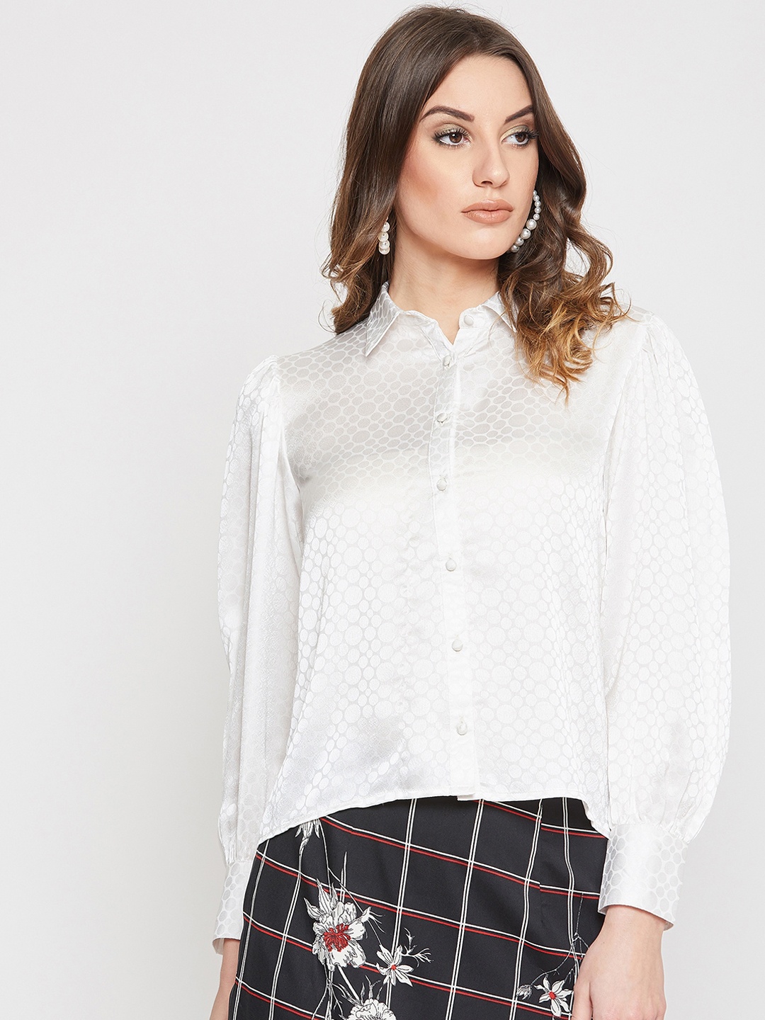 Marie Claire Women White Self Design Shirt Style Top
