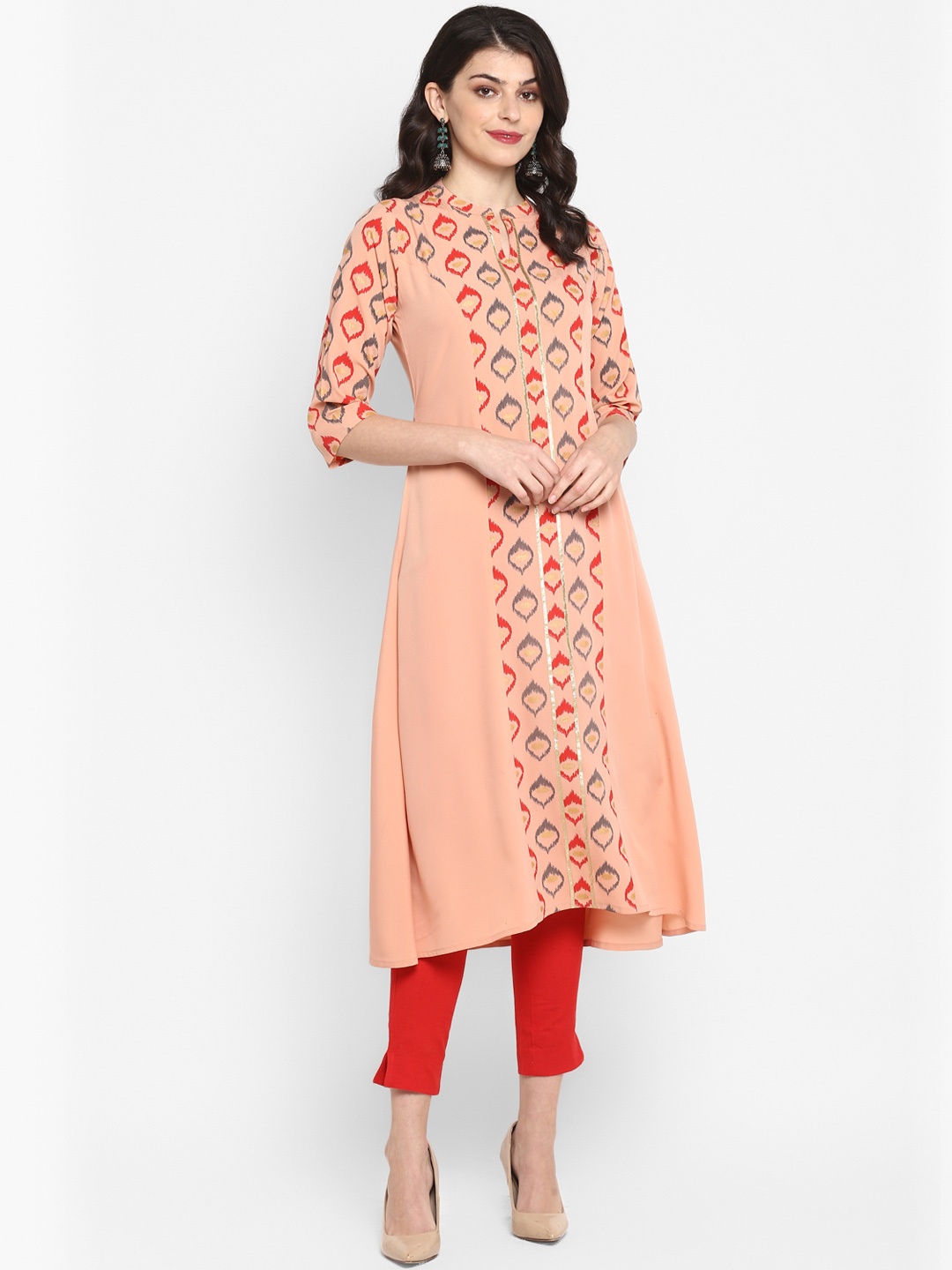 Janasya Women Peach & Red Printed A-Line Kurta
