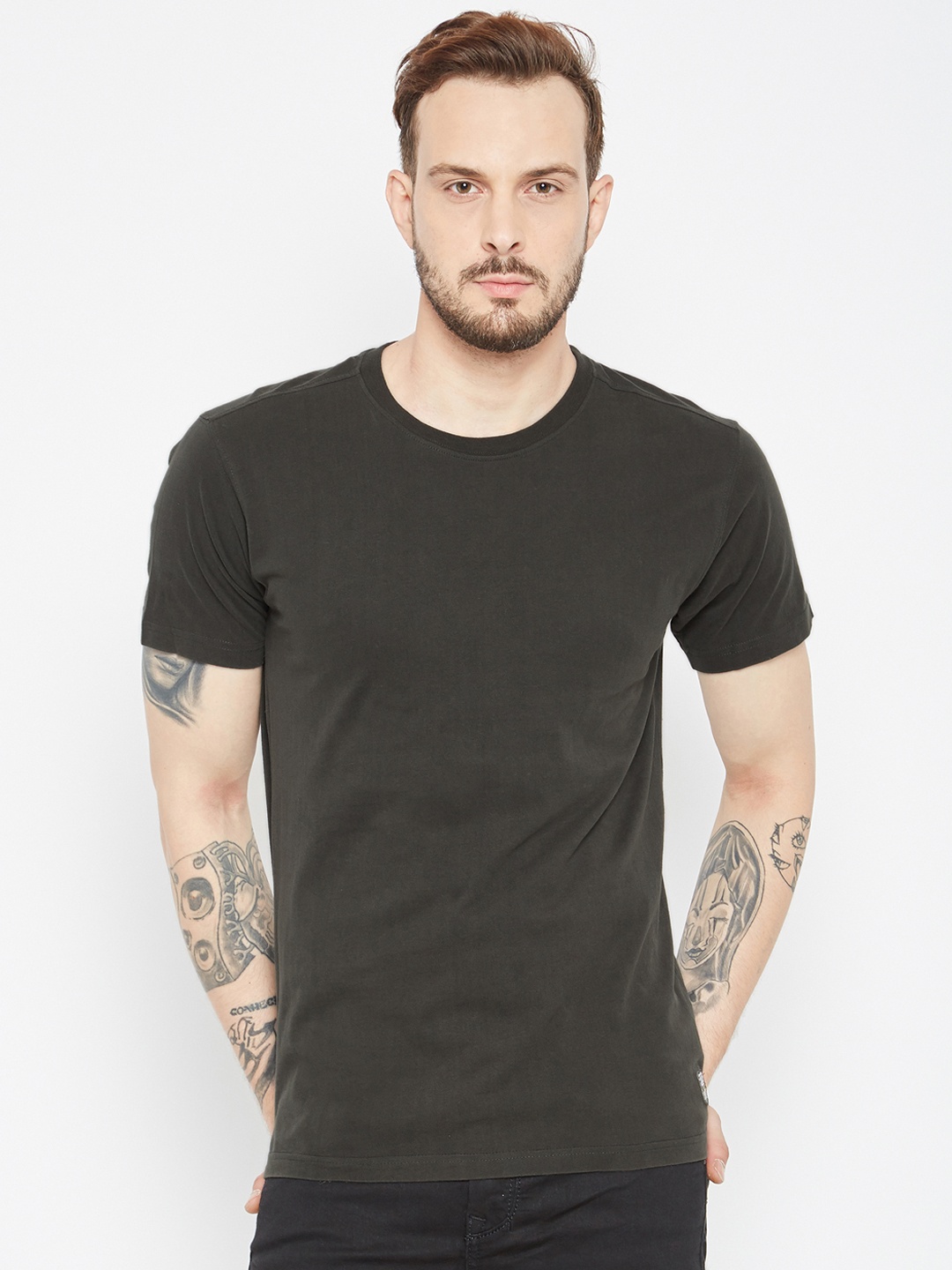 PUNK Men Olive Green Solid Round Neck T-shirt