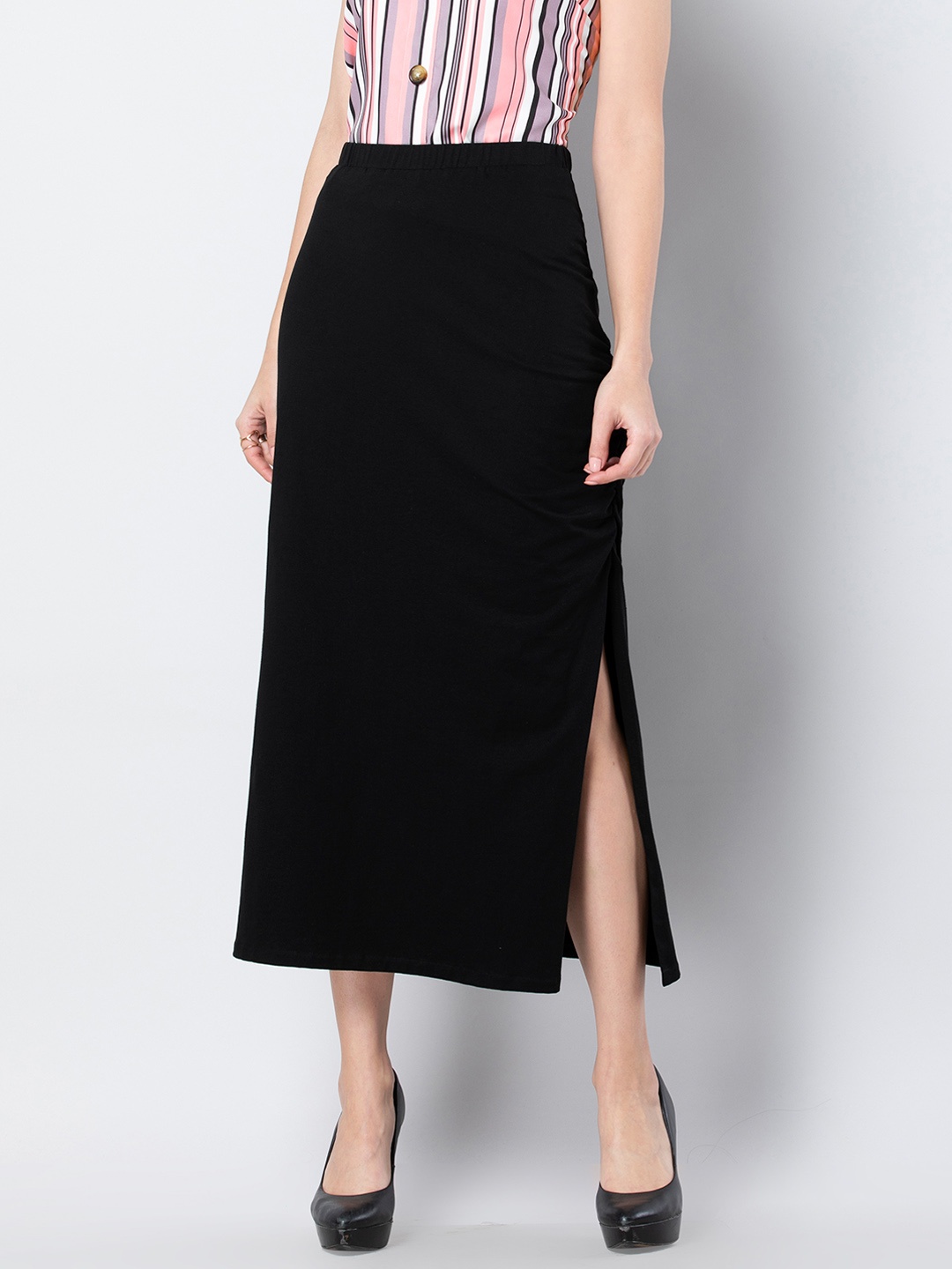 FabAlley Women Black Solid Jersey Ruched A-Line Midi Skirt