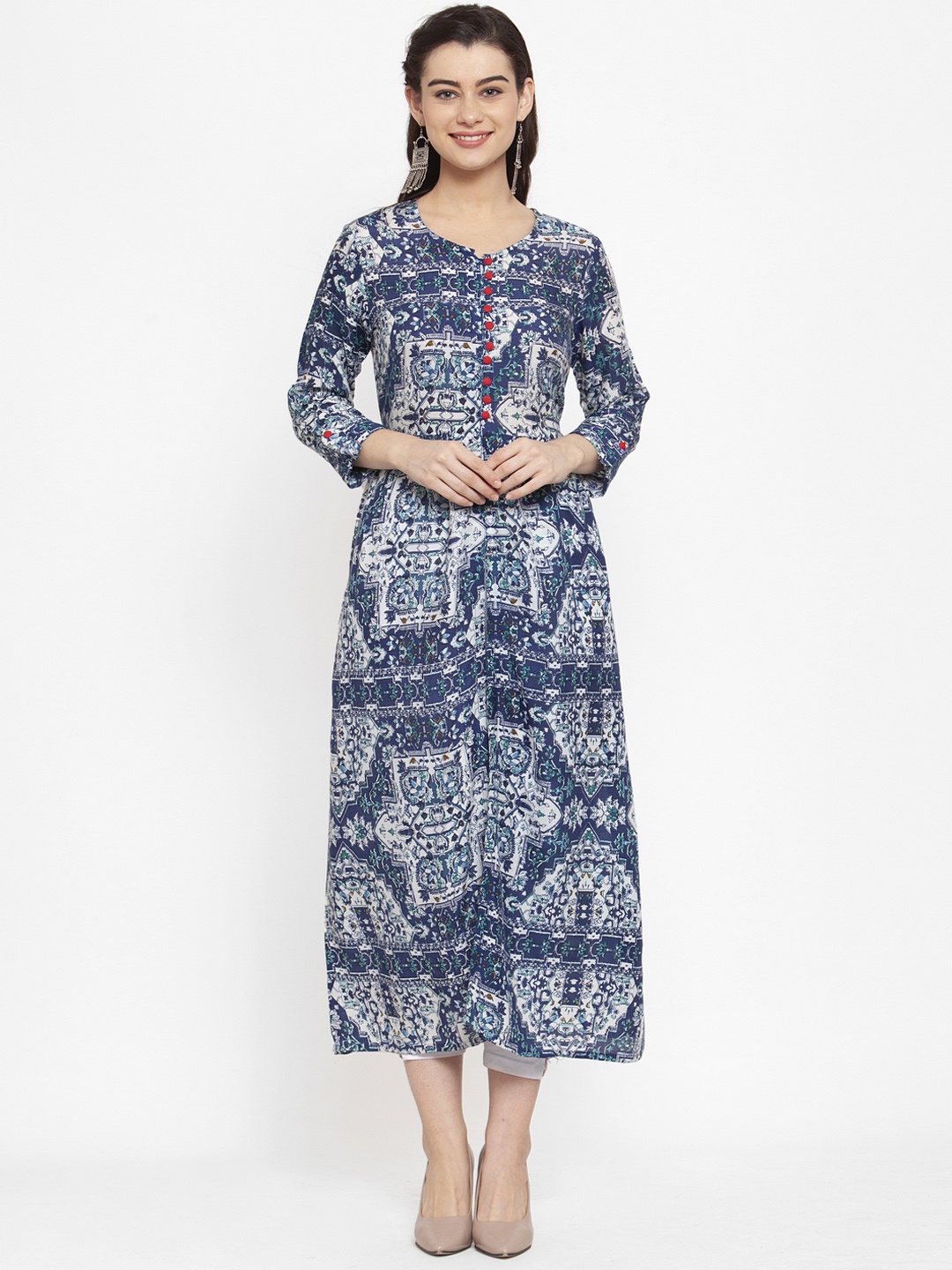 ANAISA Women Blue Printed Straight Kurta