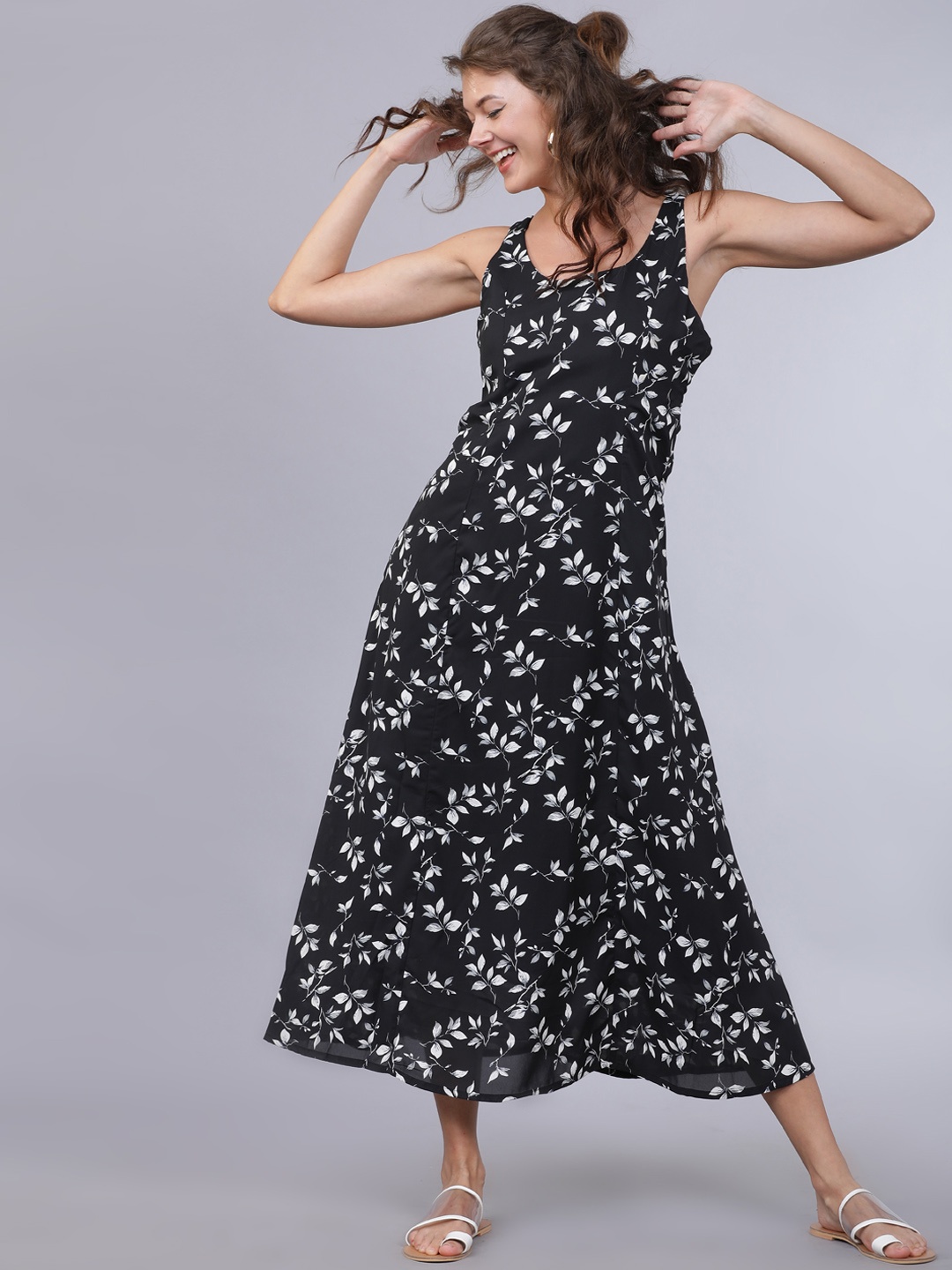 Tokyo Talkies Women Black Printed Fit and Flare Dress
