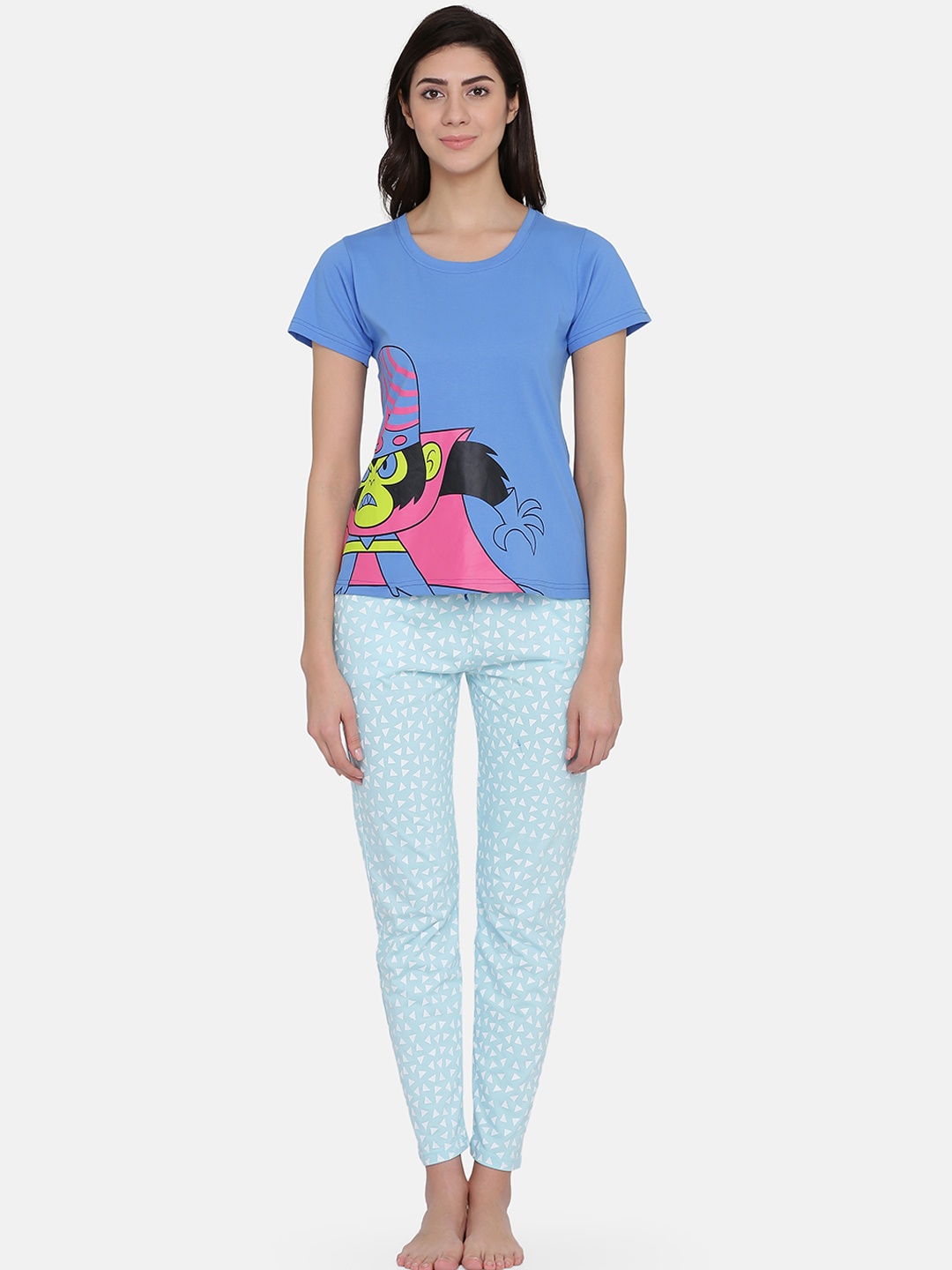 Clovia Women Blue & Pink Mojo Jojo Printed Night Suit LS0413F03S