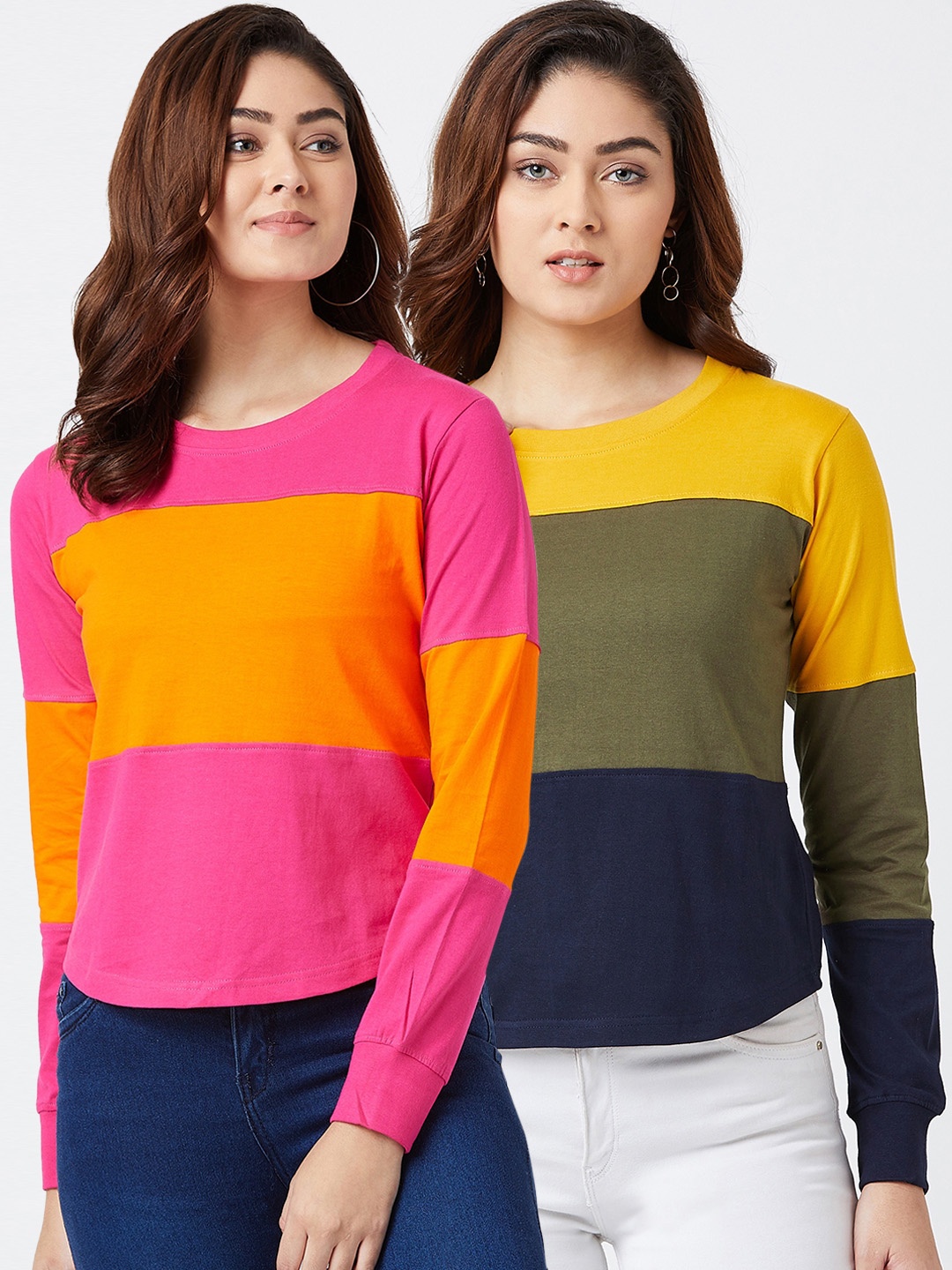 The Dry State Women Pack Of 2 Slim Fit Colourblocked Round Neck T-shirt, Pink