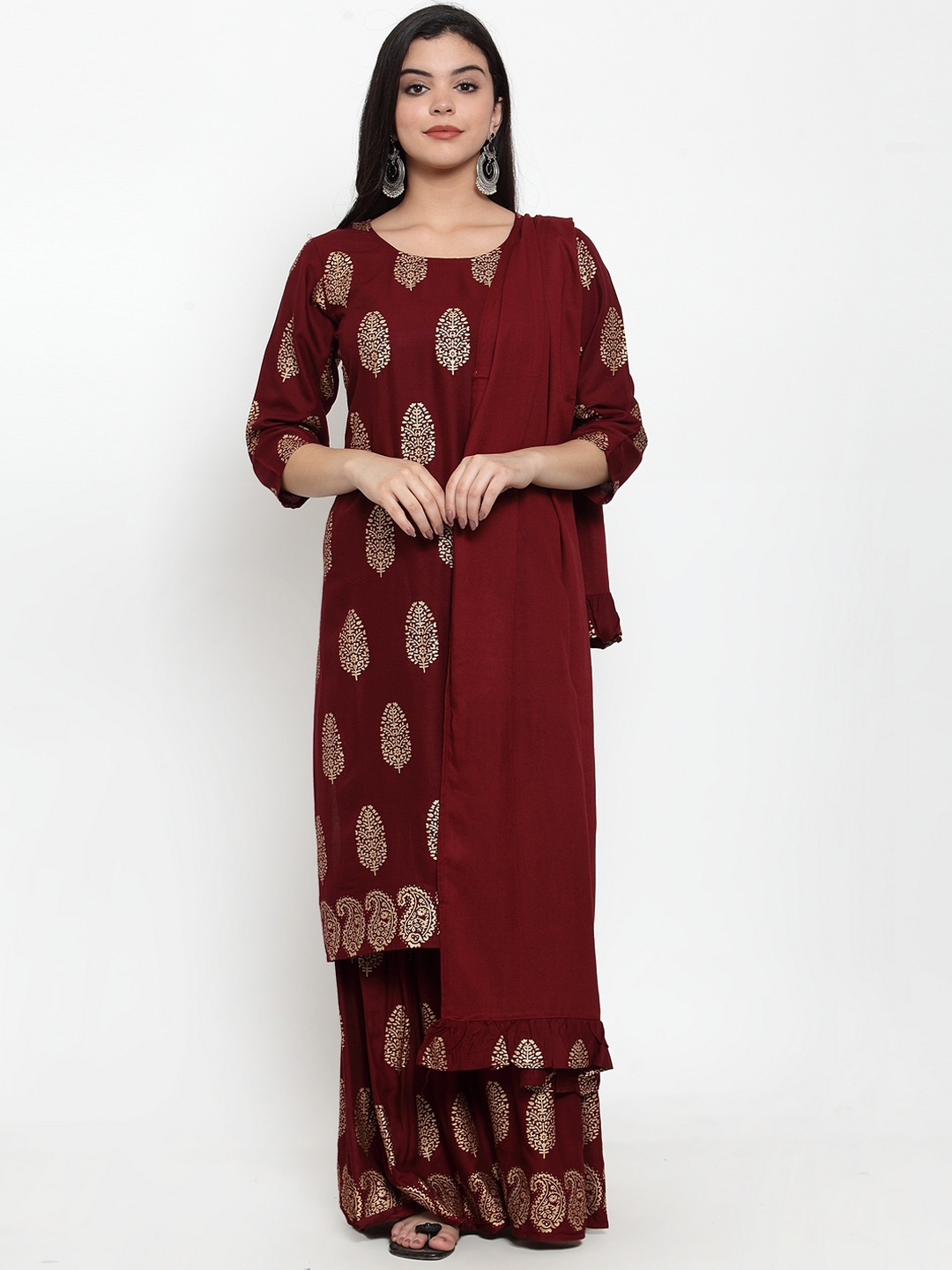 ANAISA Women Maroon Printed Kurta with Sharara & Dupatta