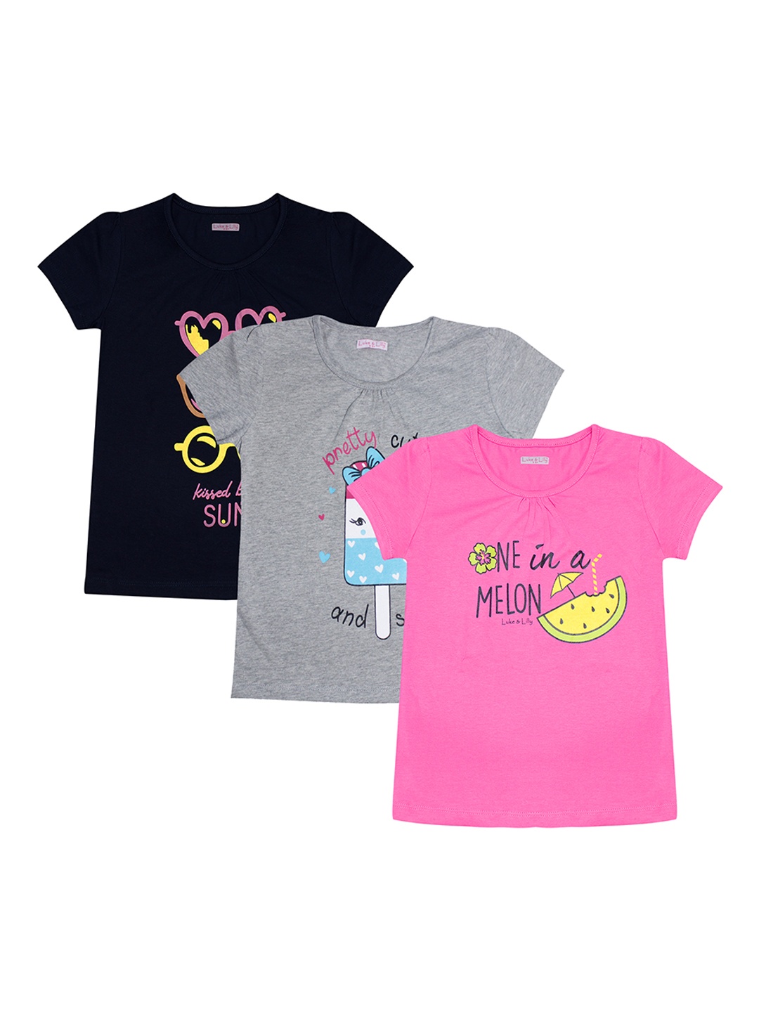 Luke & Lilly Girls Pack Of 3 Printed Round Neck T-shirts, Black