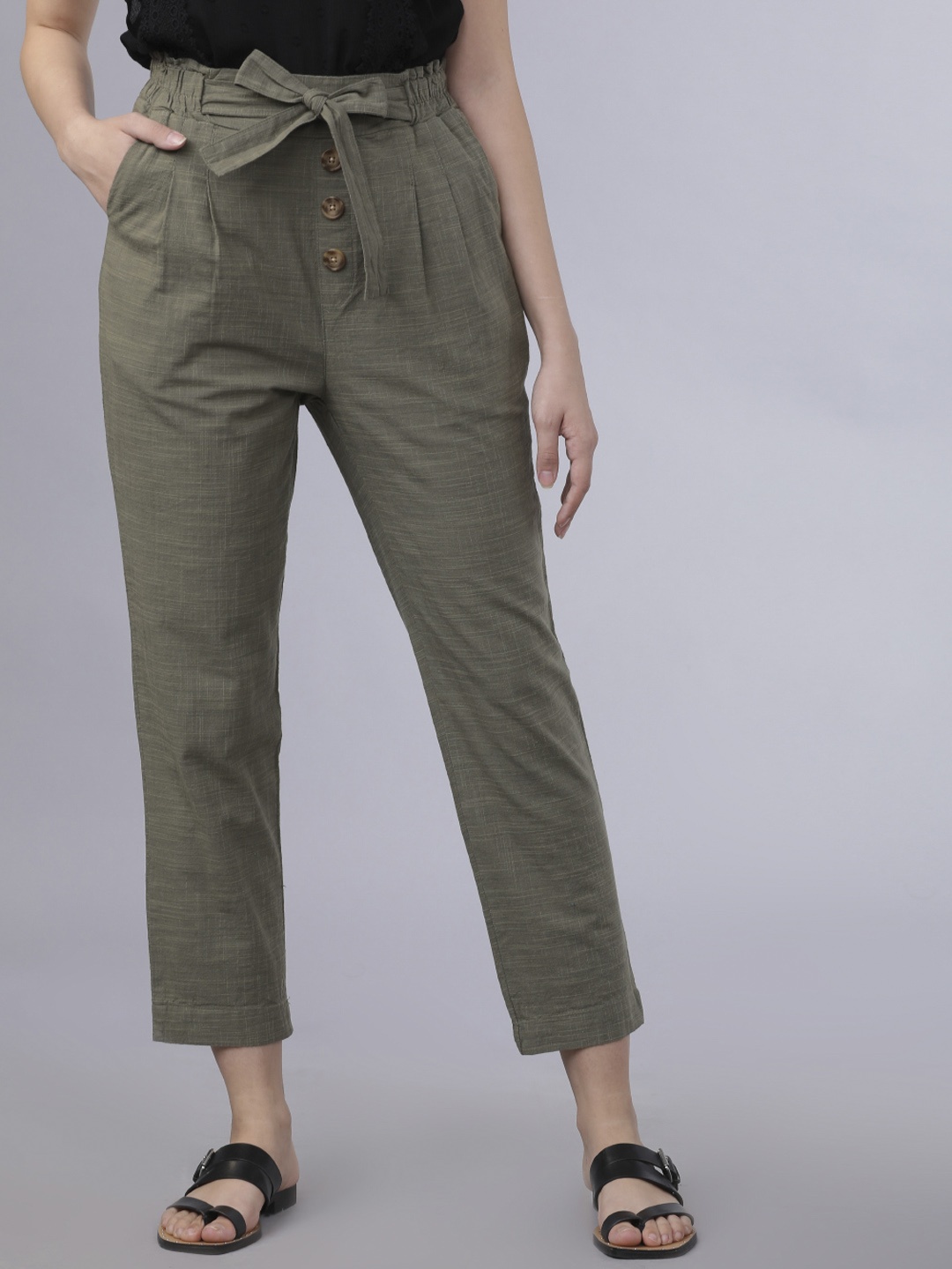 Tokyo Talkies Women Olive Green Regular Fit Self Design Ankle Length High-Waist Trousers
Tokyo Talkies Women Olive Green Regular Fit Self Design Ankle Length High-Waist Trousers