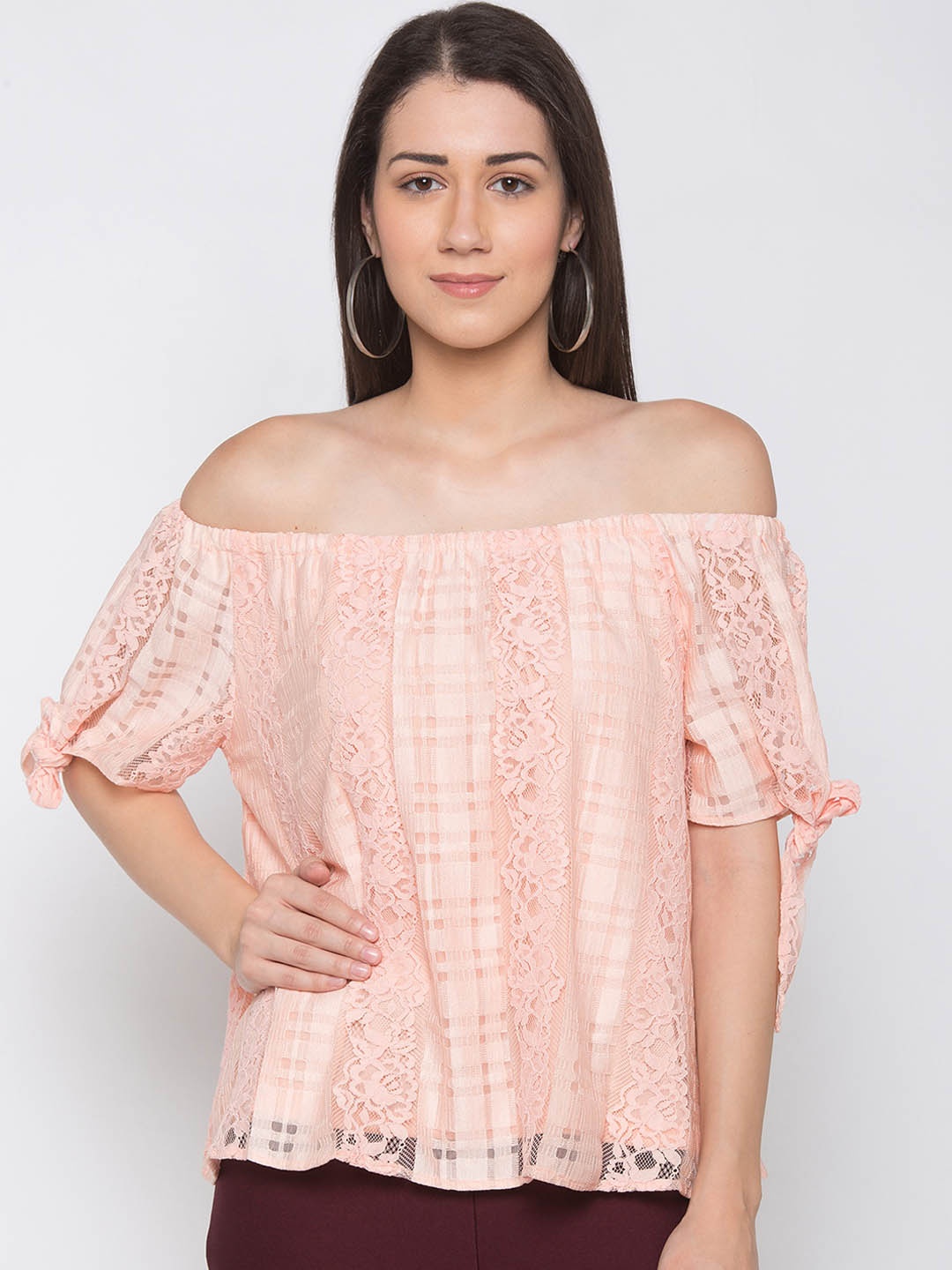 Globus Women Peach-Coloured Self Design Regular Top