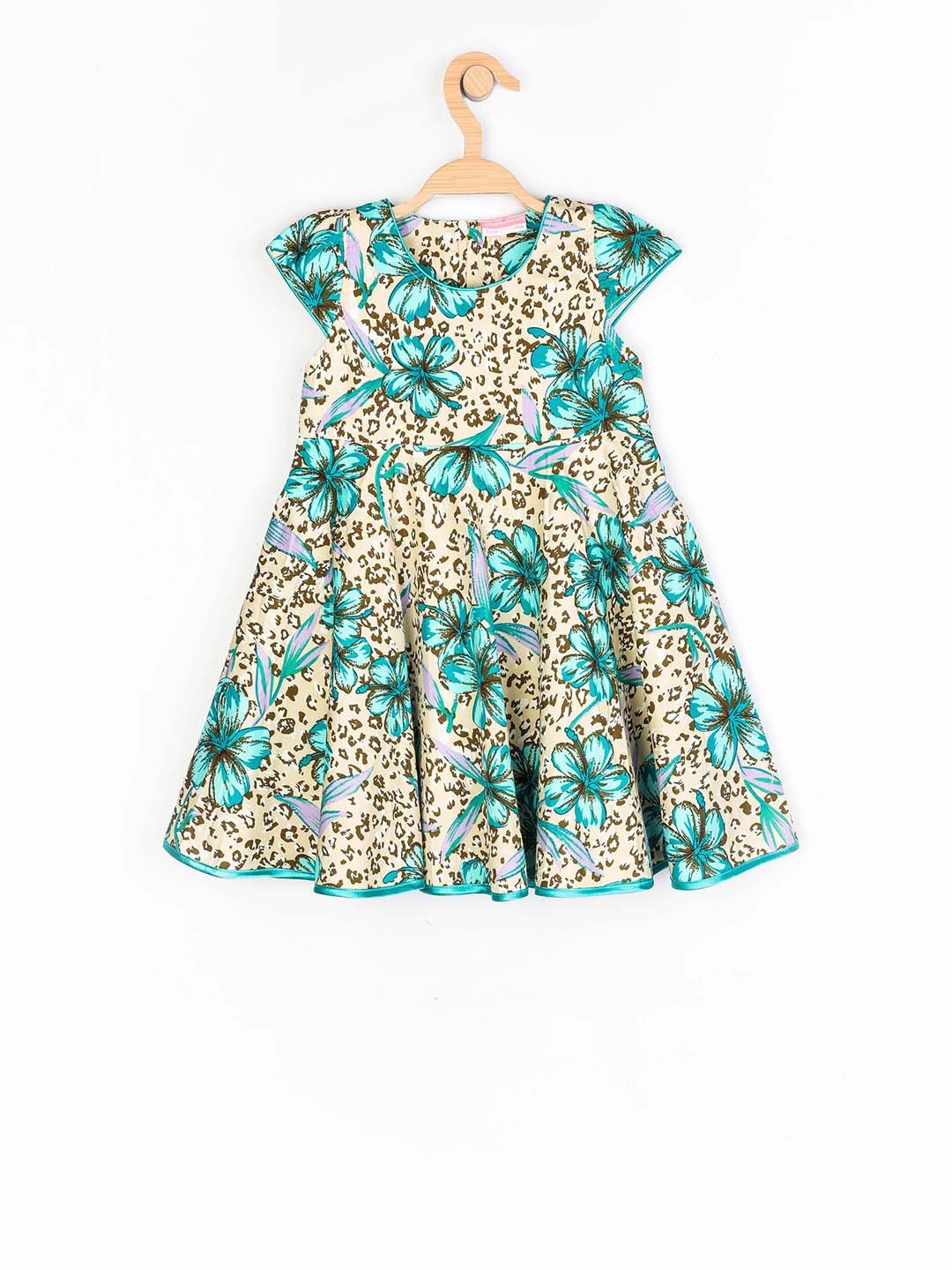 Peppermint Girls Blue & Beige Printed Fit and Flare Dress