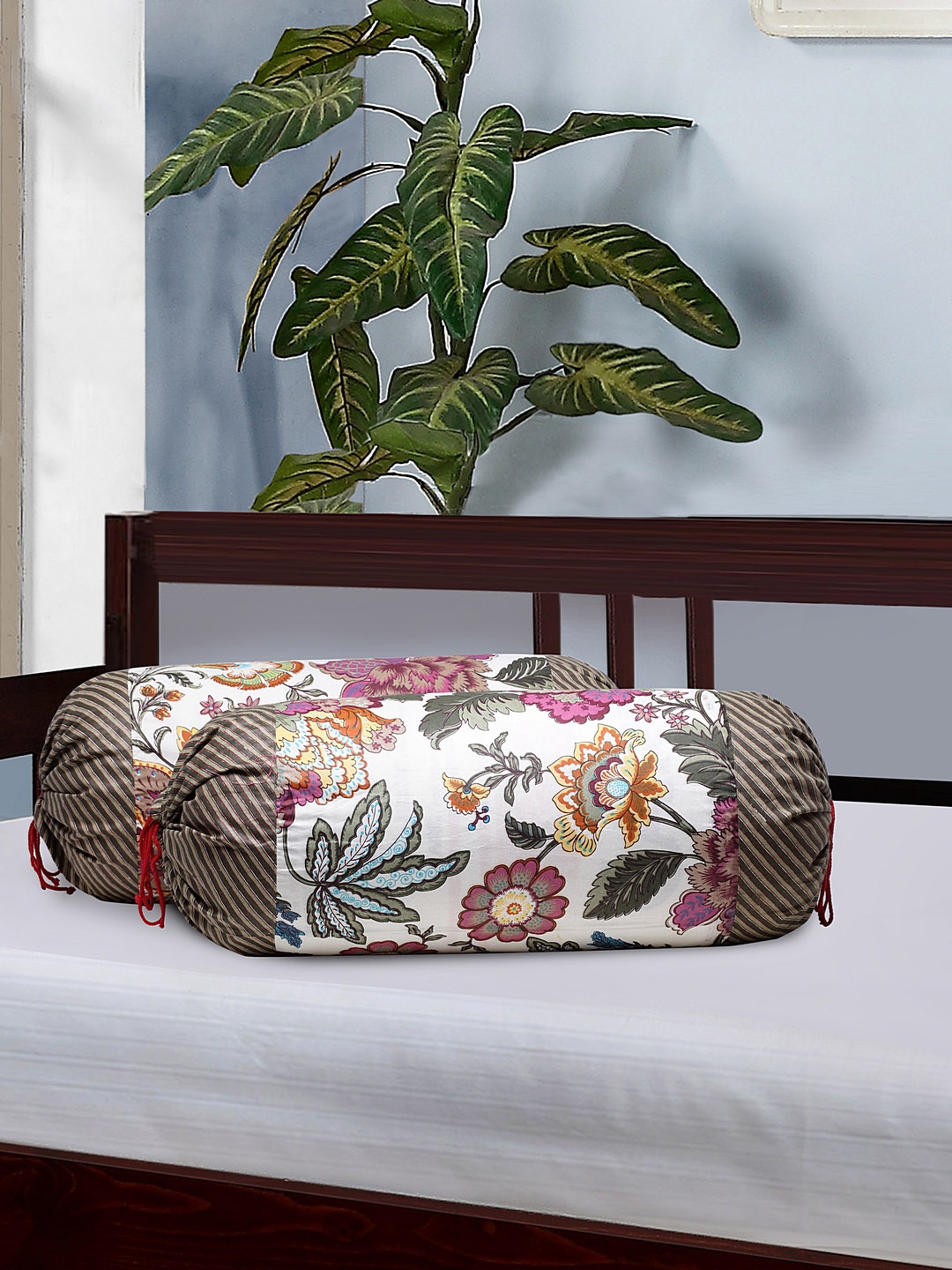 Rajasthan Decor Set Of 2 Green & Off-White Floral Screen Printed Bolster Covers