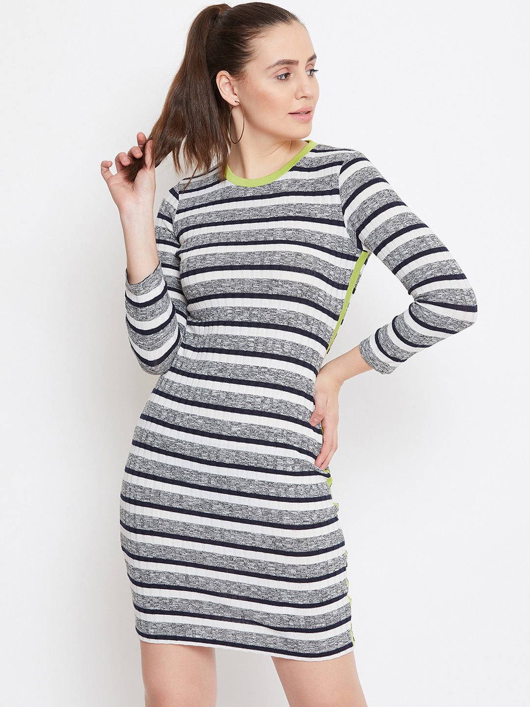 PERFKT-U Women Grey & White Striped Bodycon Dress